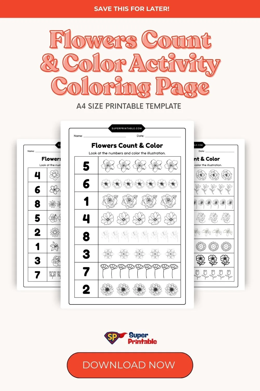Flowers Count & Color Activity Coloring Page Pinterest Image