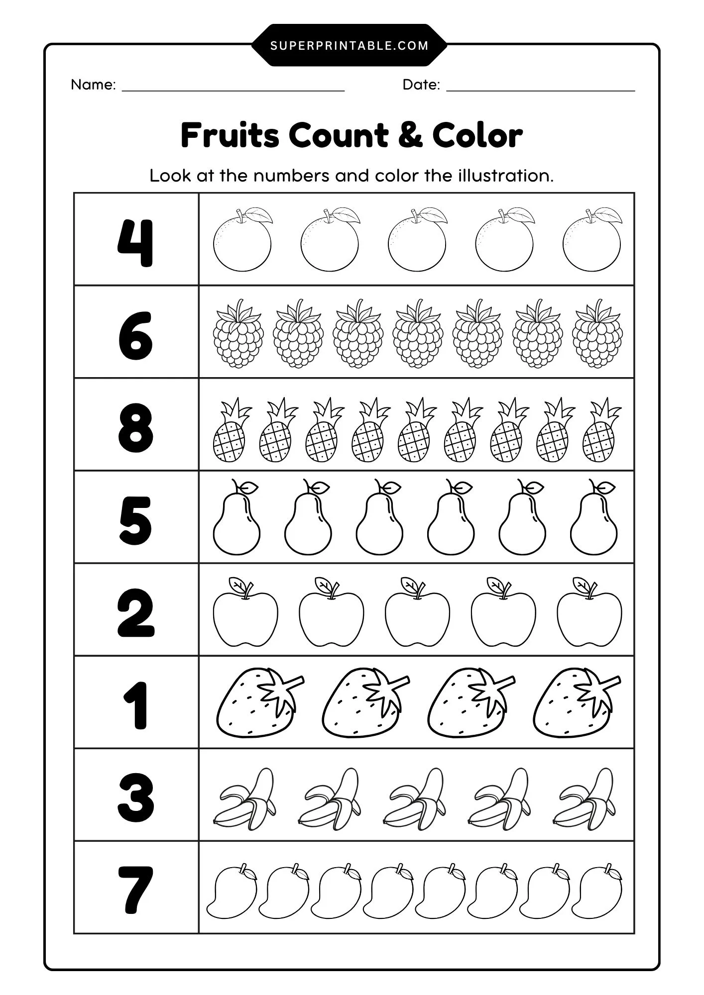 Fruits Count & Color Activity Coloring Pages 1