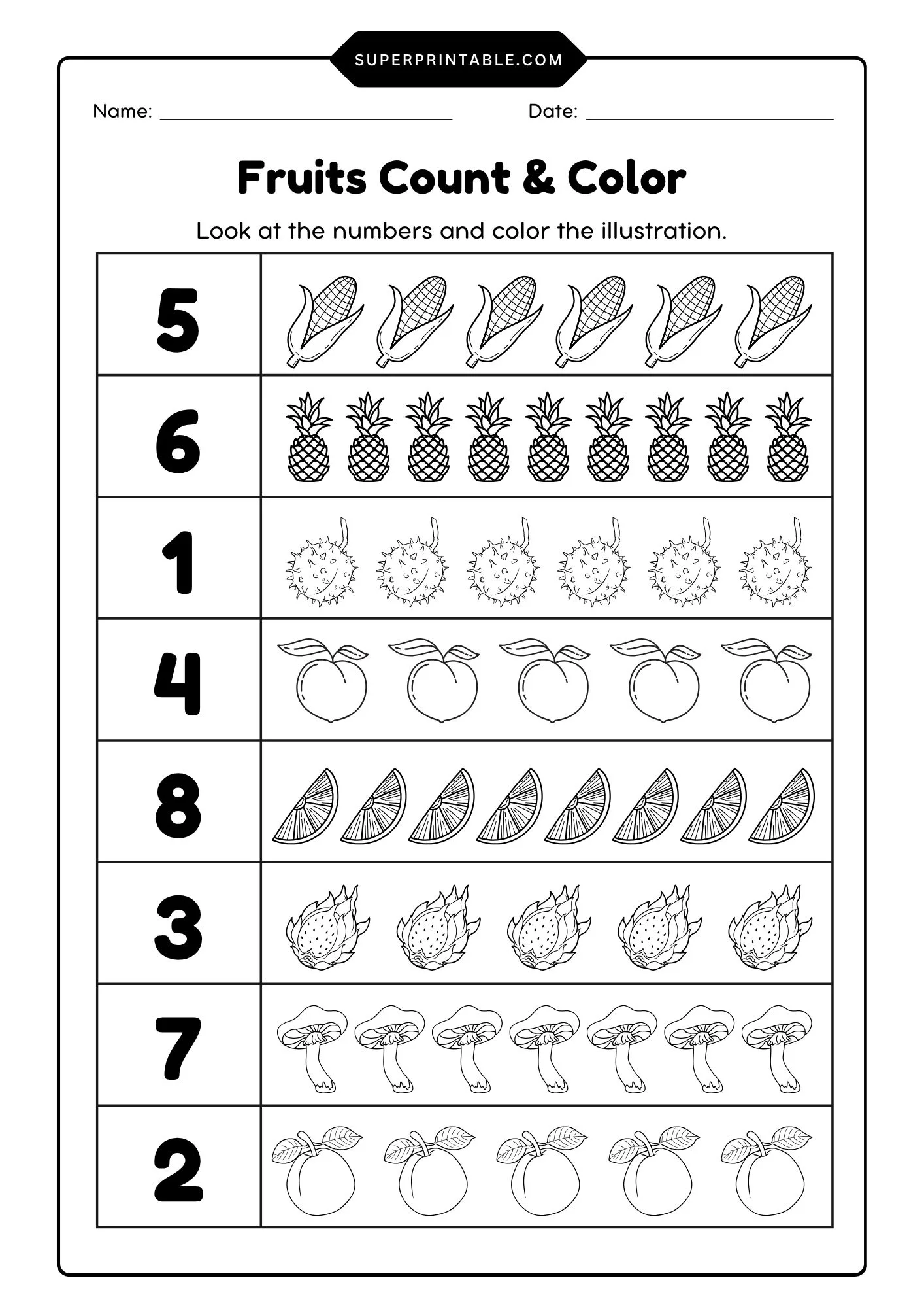 Fruits Count & Color Activity Coloring Pages 2