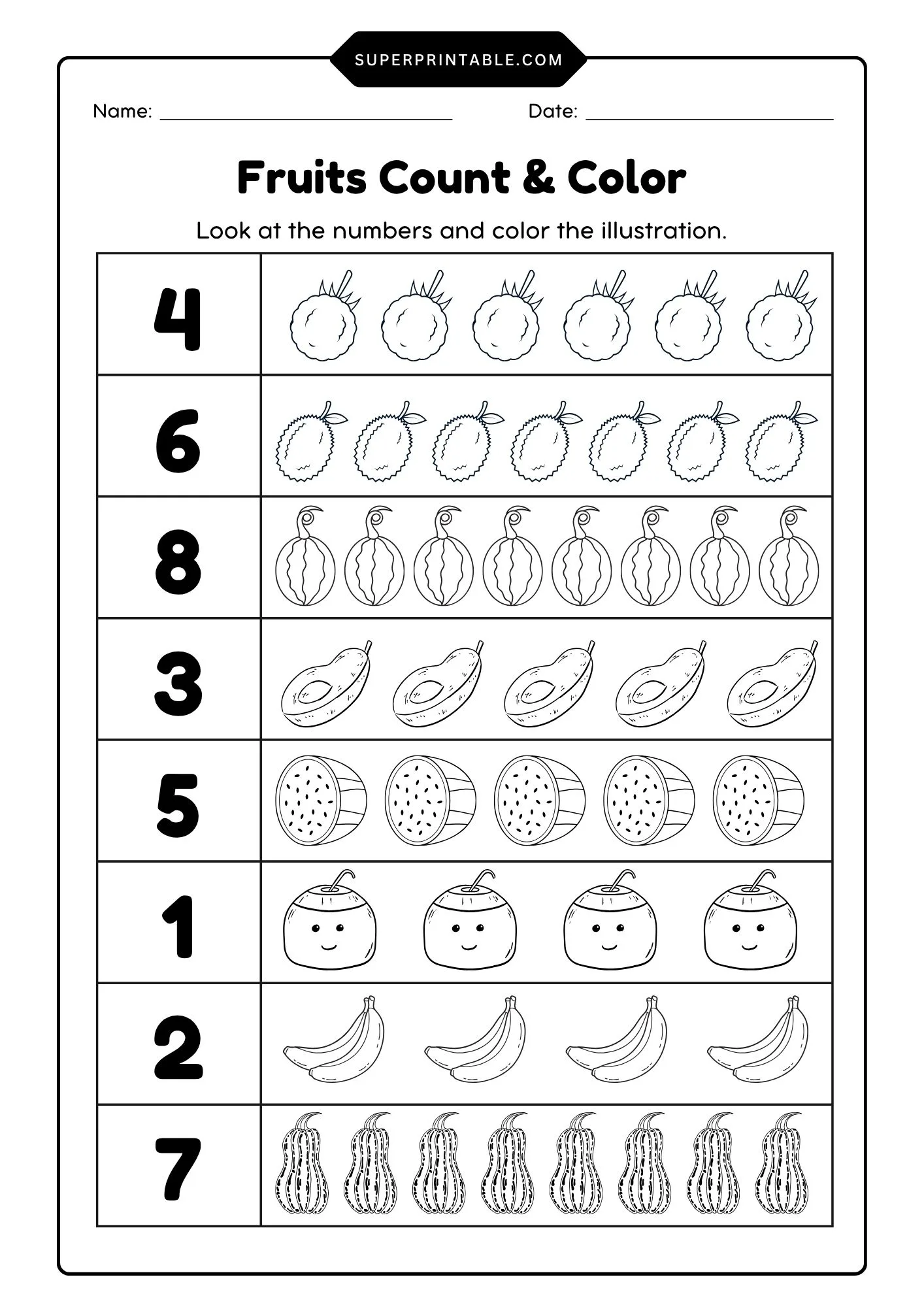 Fruits Count & Color Activity Coloring Pages 3