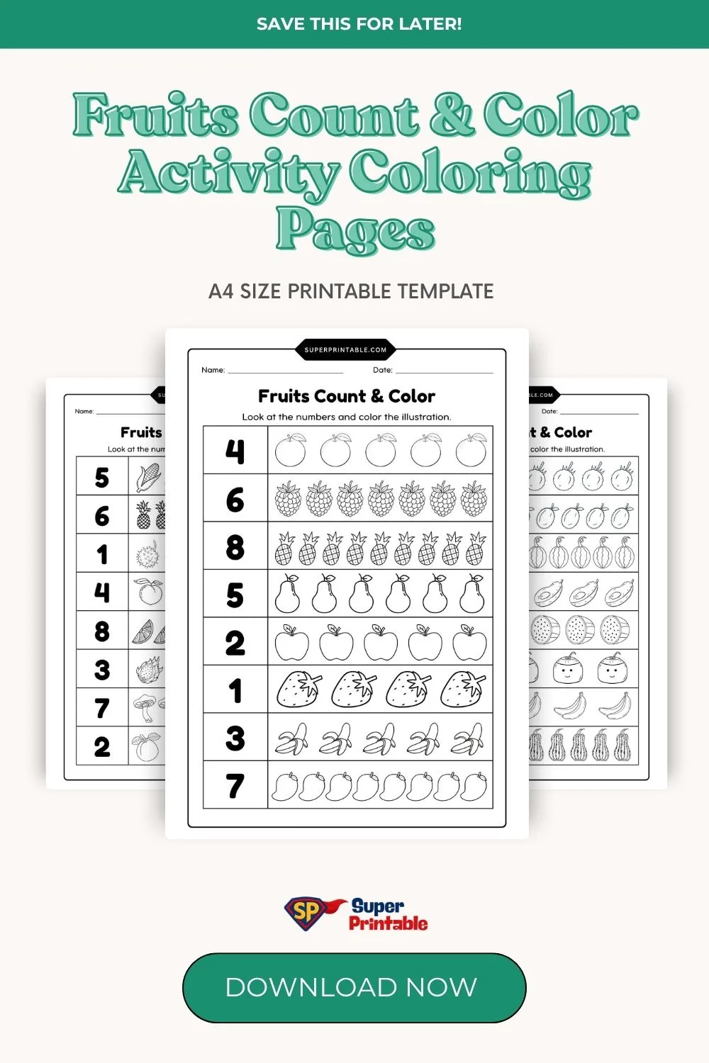 Fruits Count & Color Activity Coloring Pages Pinterest Image