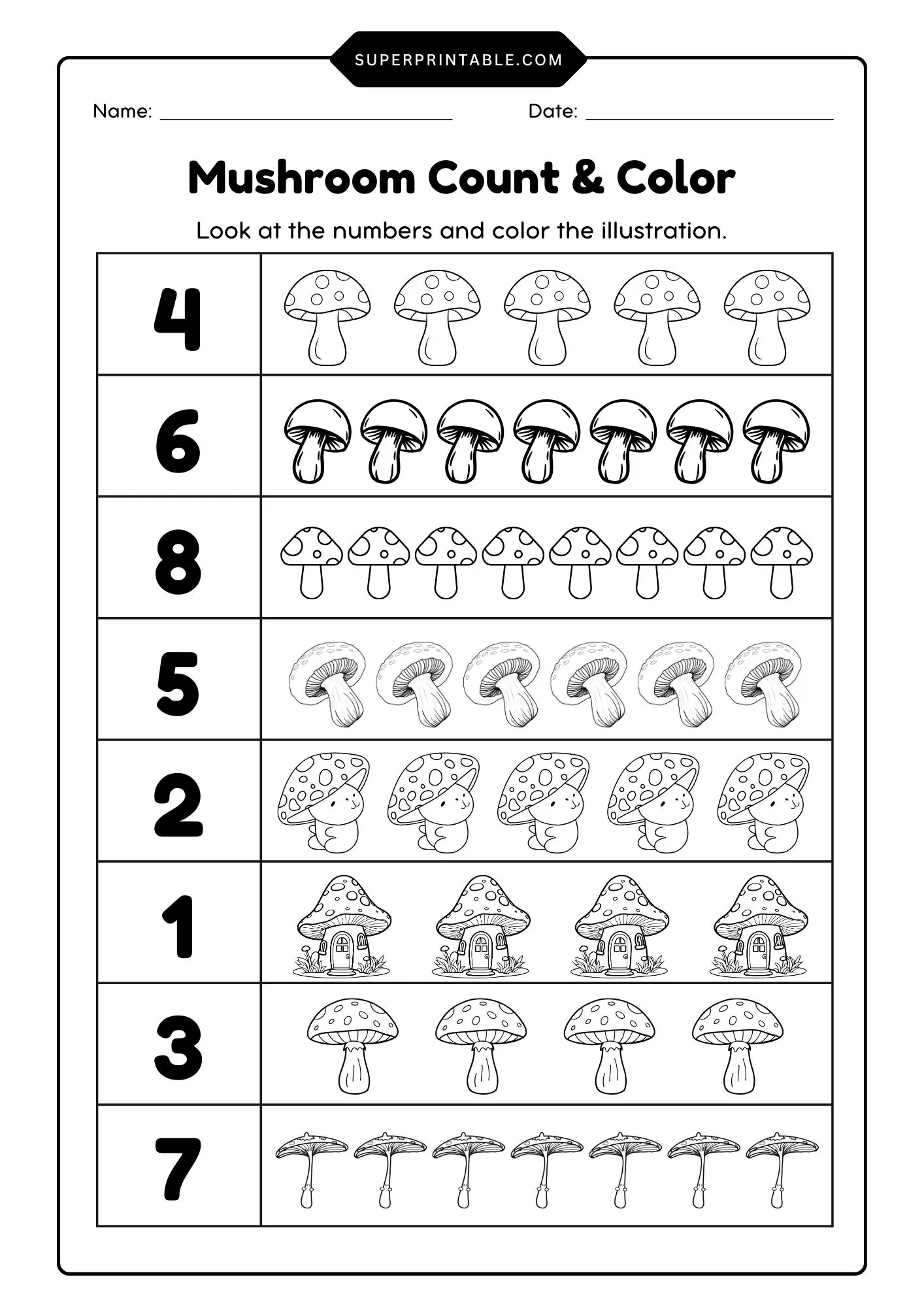Mushroom Count & Color Activity Coloring Pages 1