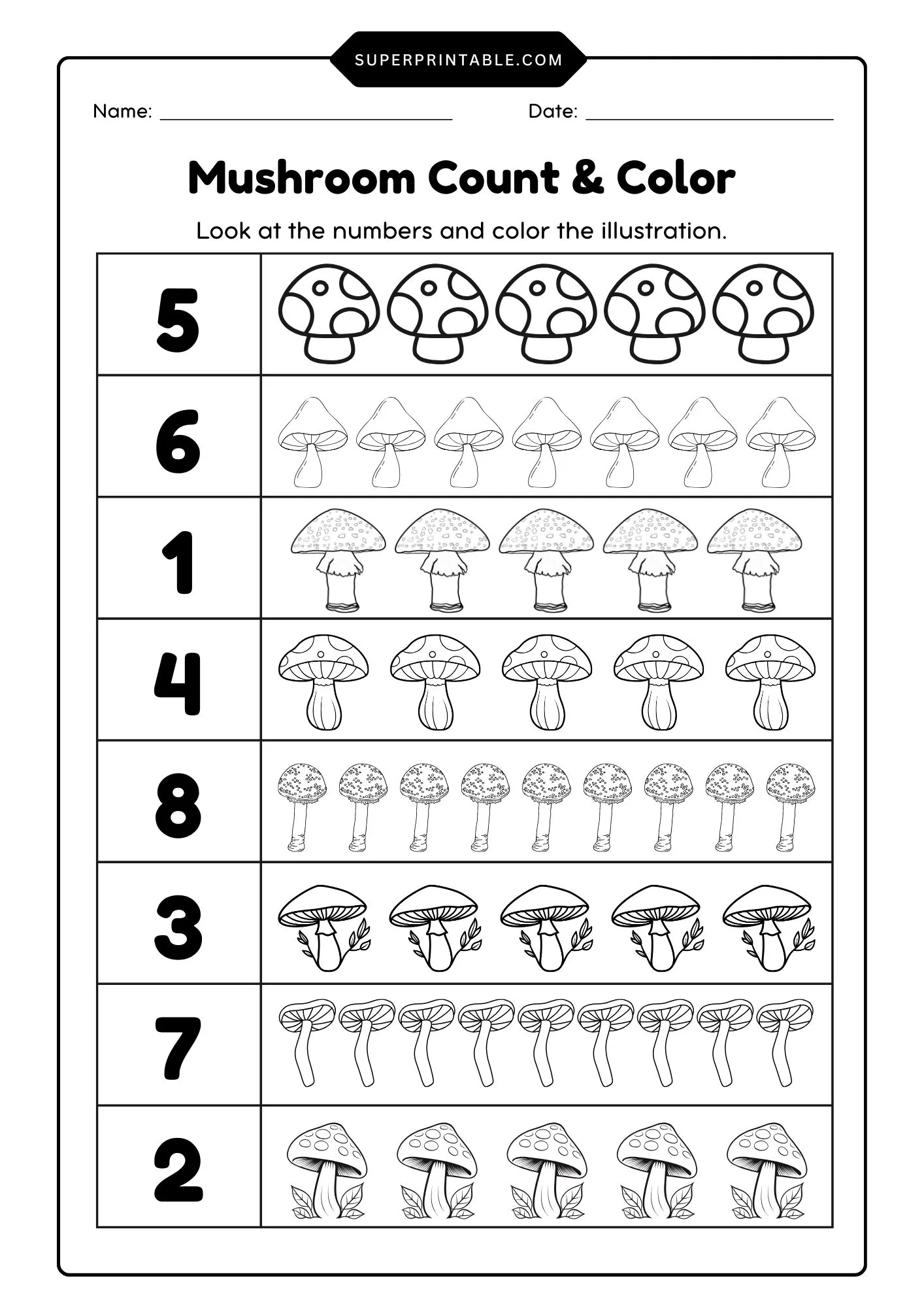 Mushroom Count & Color Activity Coloring Pages 2