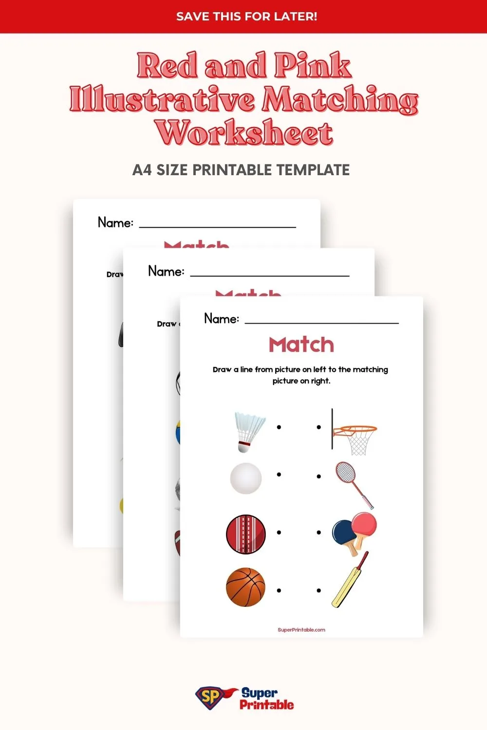 Red and Pink Illustrative Matching Worksheet Pinterest Image