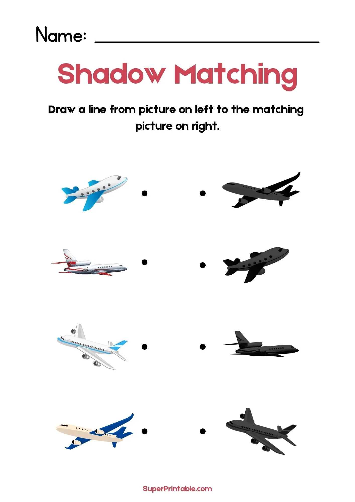 Air Vehicles & Transport Find The Shadow Matching Worksheet 1