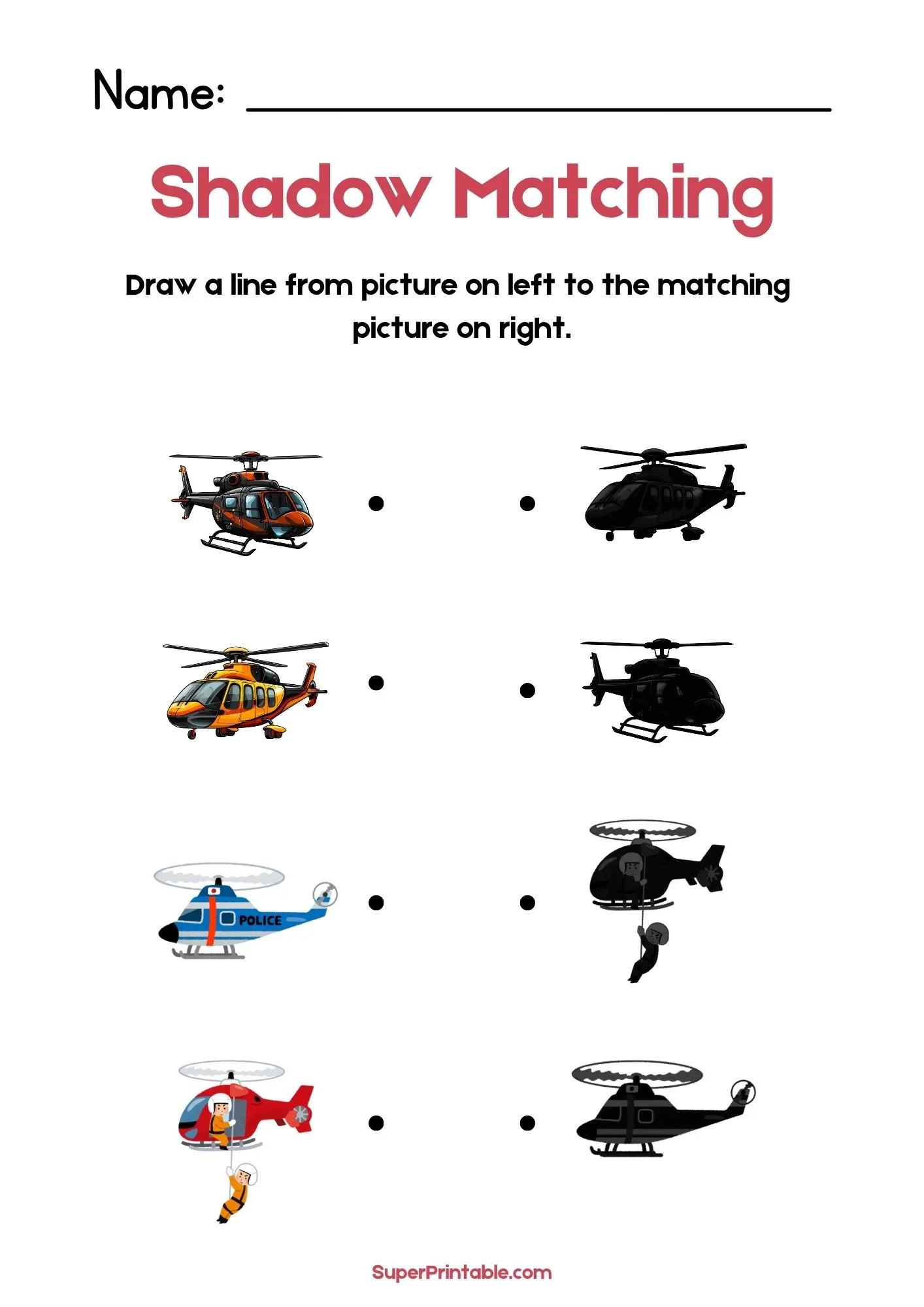 Air Vehicles & Transport Find The Shadow Matching Worksheet 2