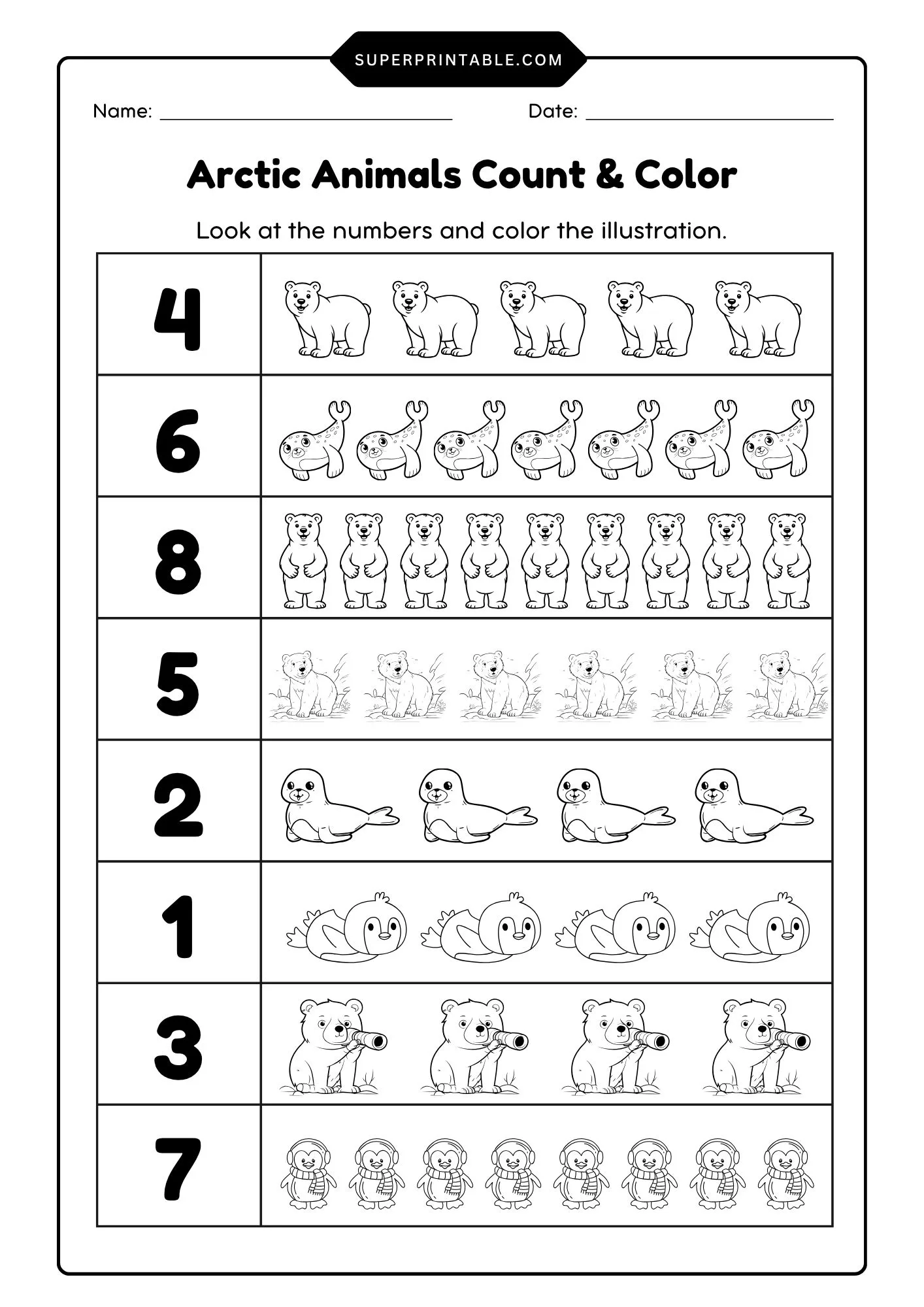 Arctic Animals Count & Color Activity Coloring Worksheet 1