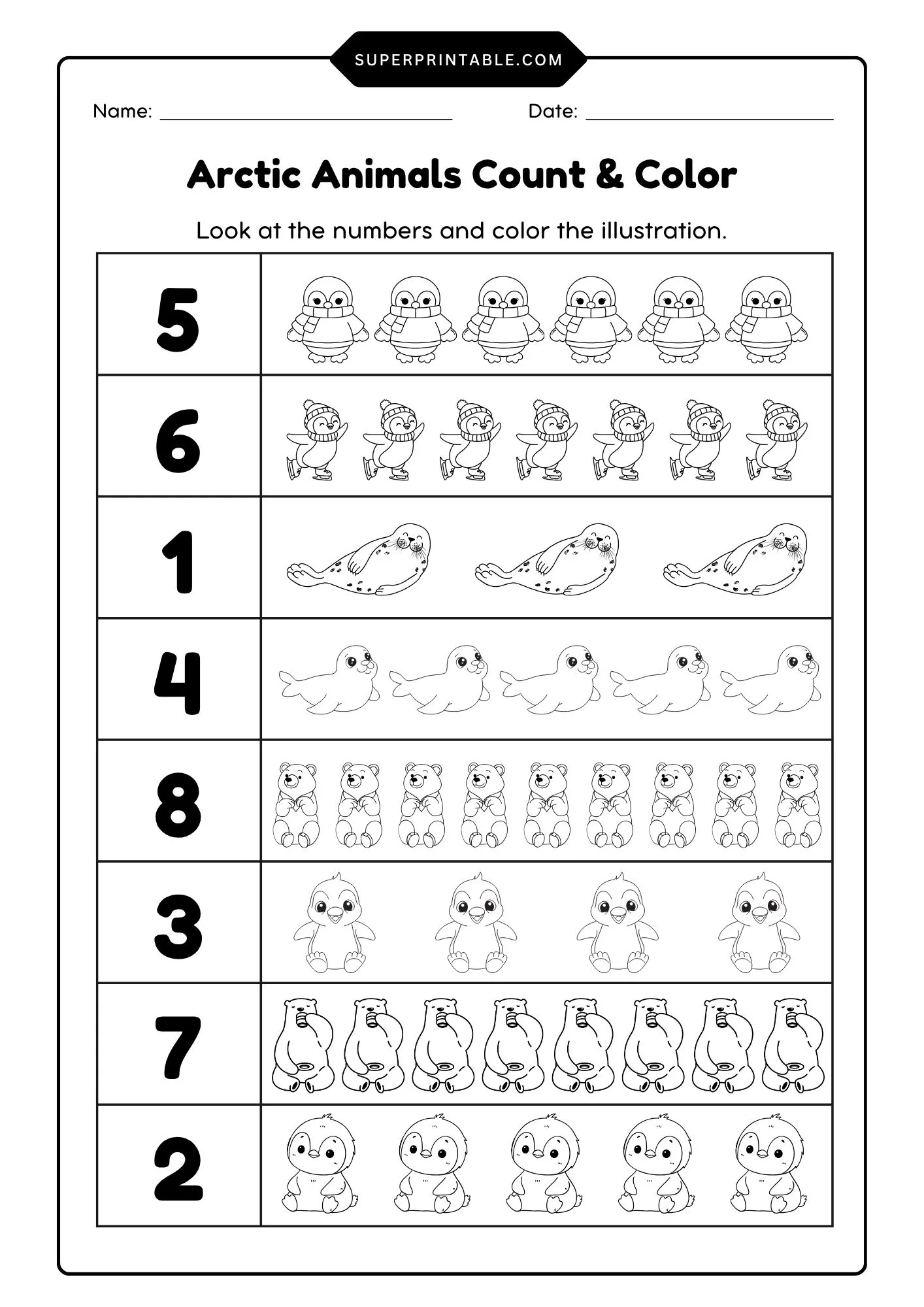 Arctic Animals Count & Color Activity Coloring Worksheet 2