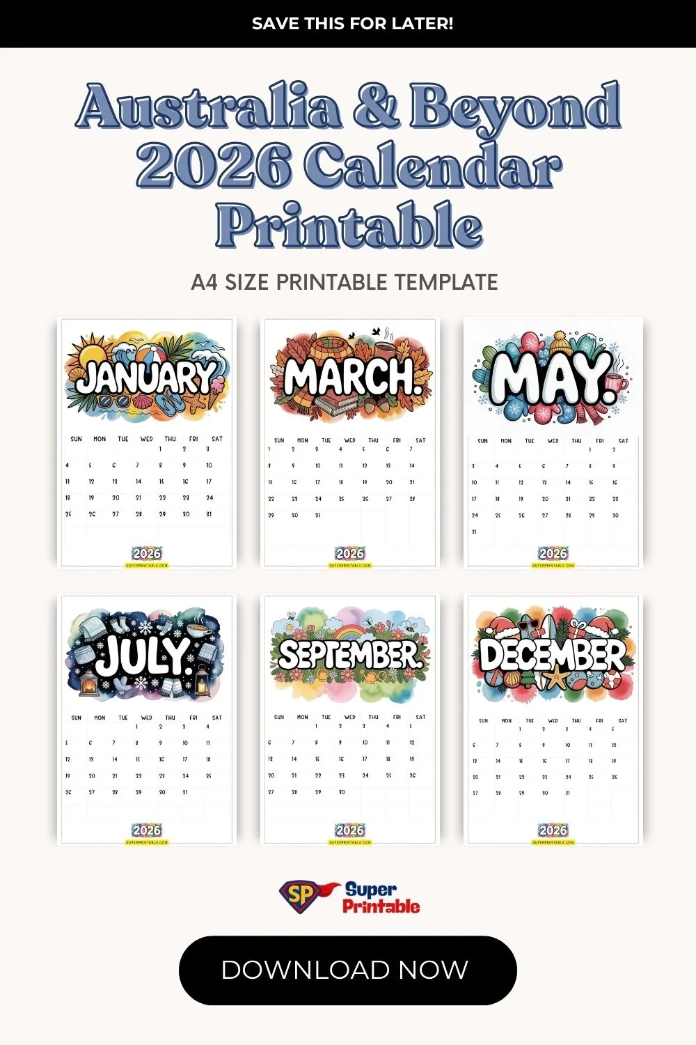 Australia & Beyond 2026 Calendar Printable Pinterest Image