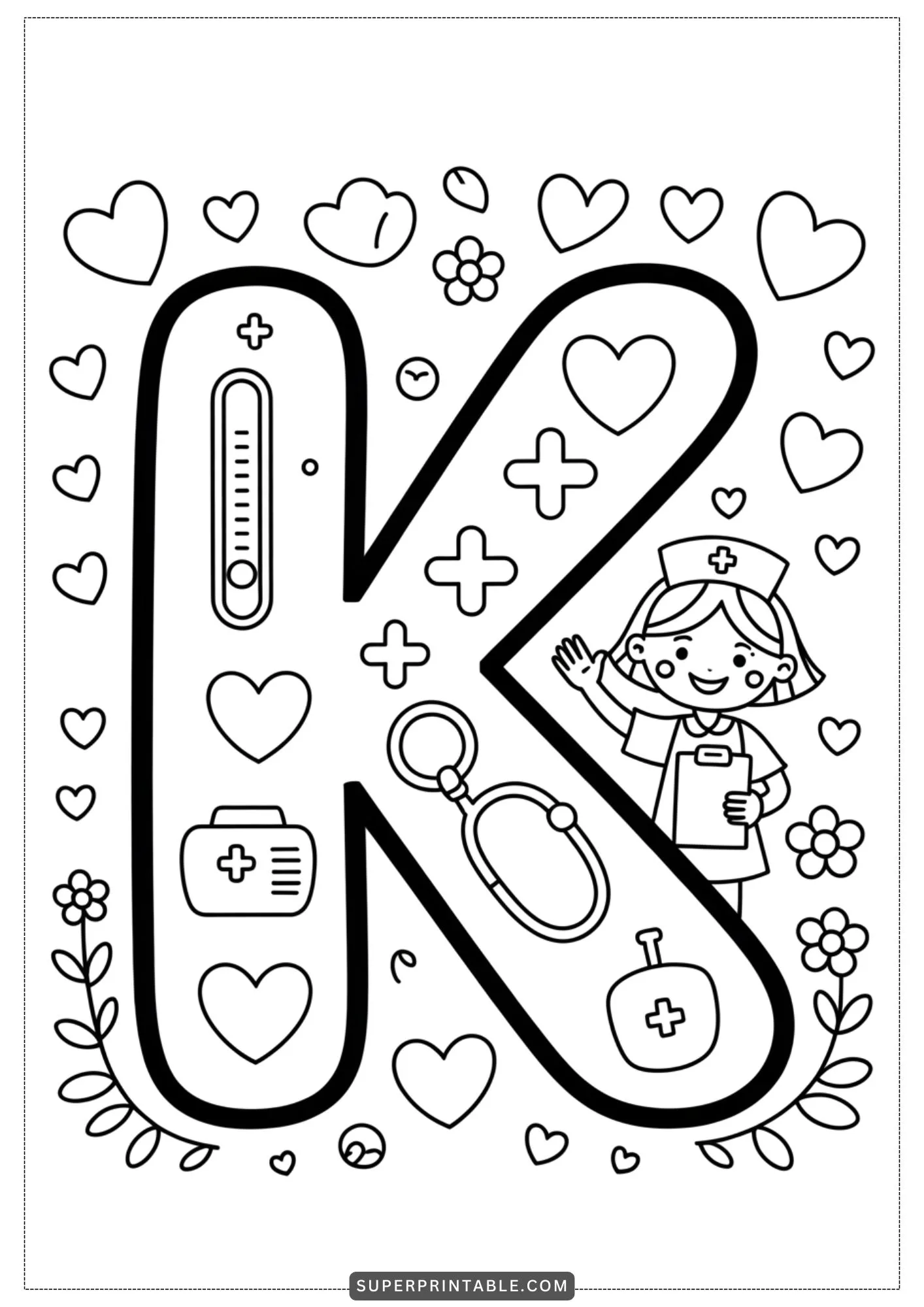 Caring Hands Alphabet: Doctor & Nurse Coloring Pages 11