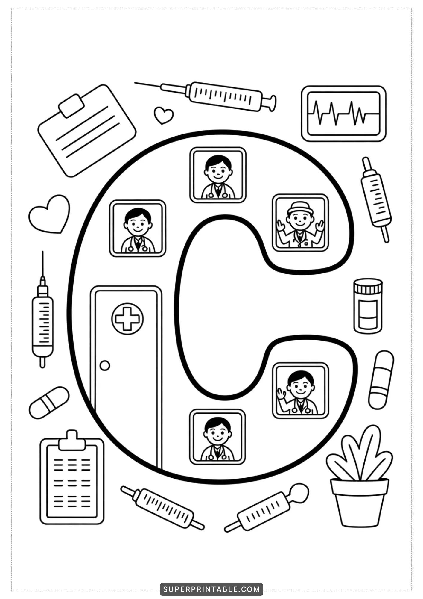 Caring Hands Alphabet: Doctor & Nurse Coloring Pages 3