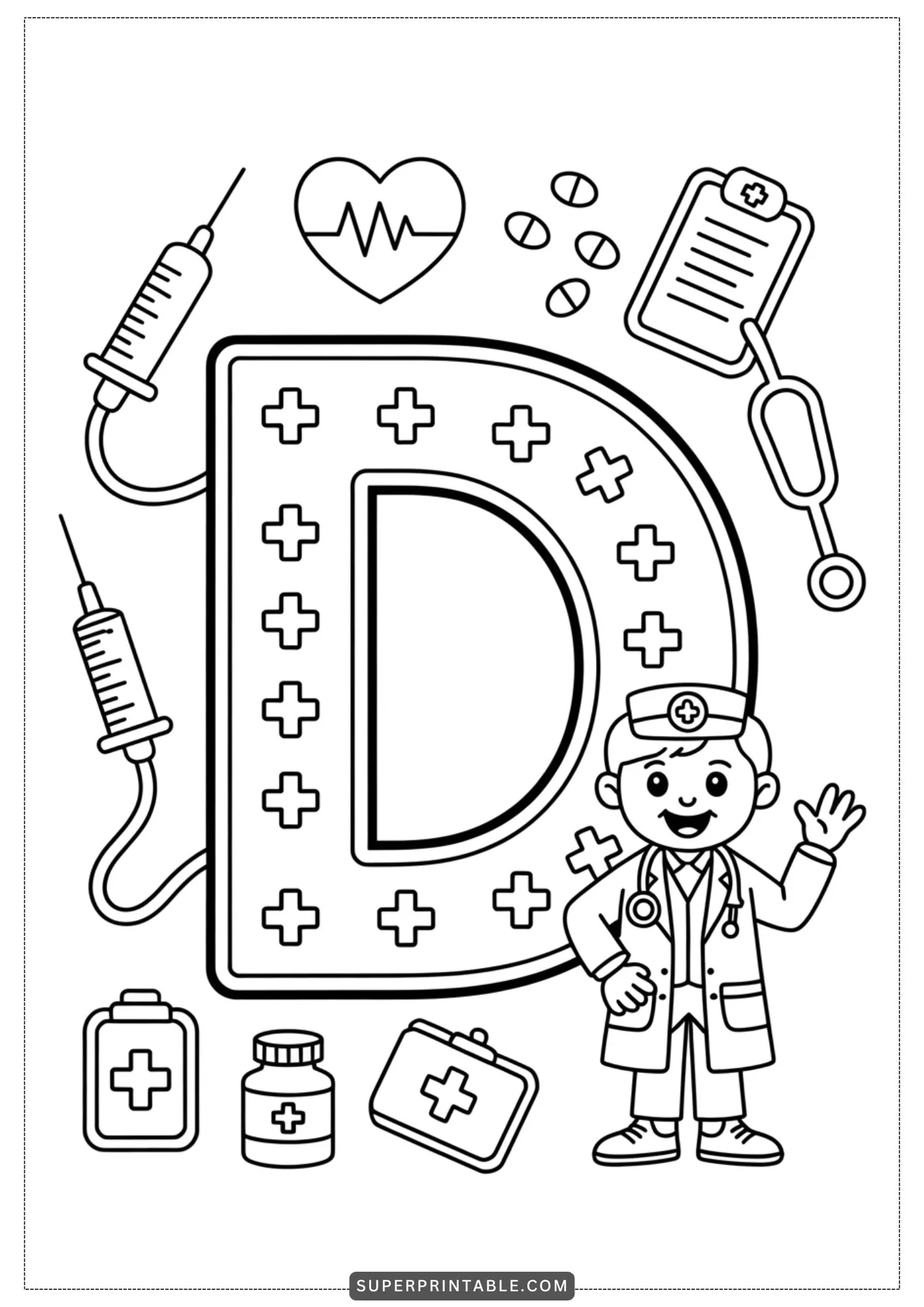 Caring Hands Alphabet: Doctor & Nurse Coloring Pages 4