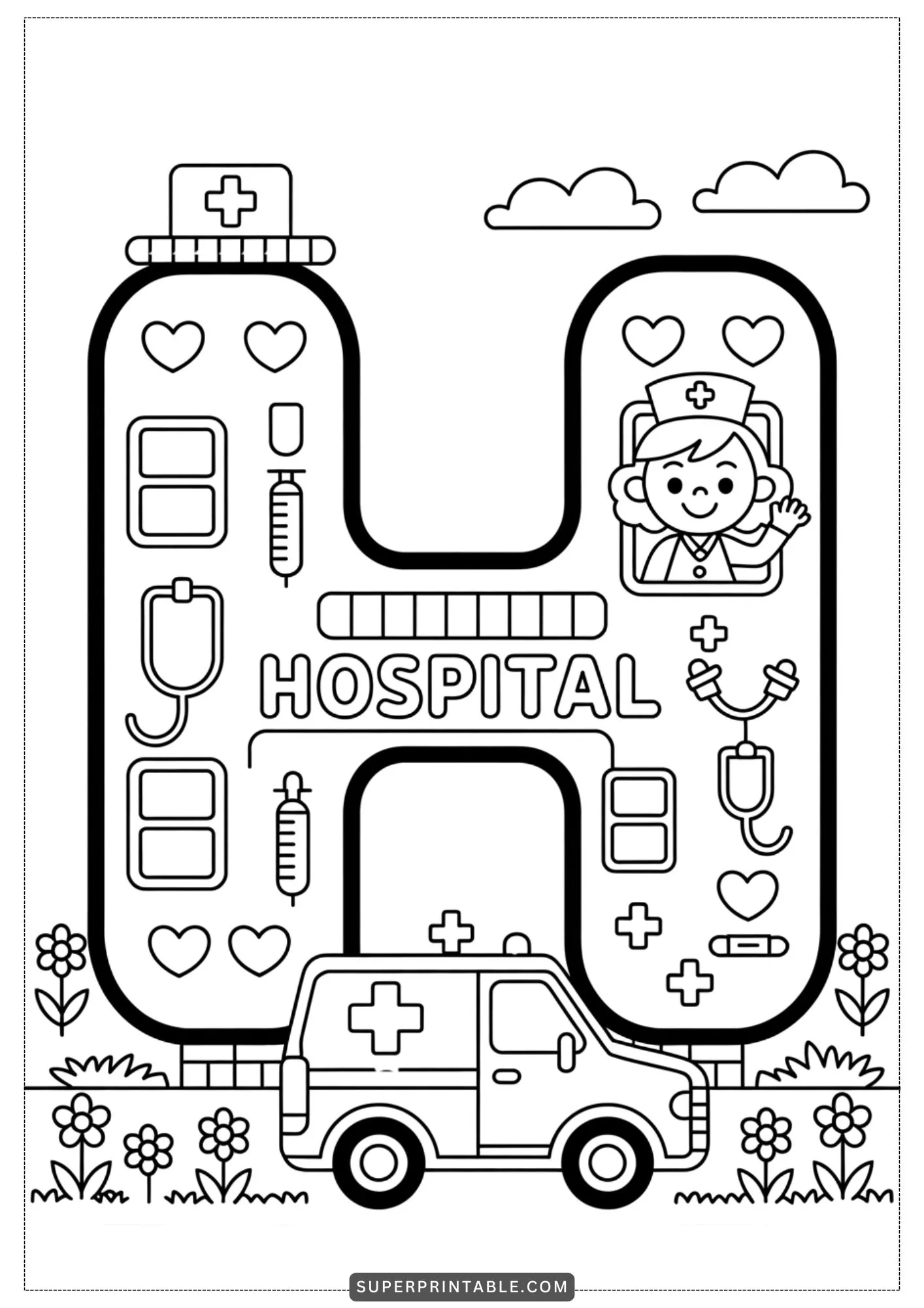 Caring Hands Alphabet: Doctor & Nurse Coloring Pages 8