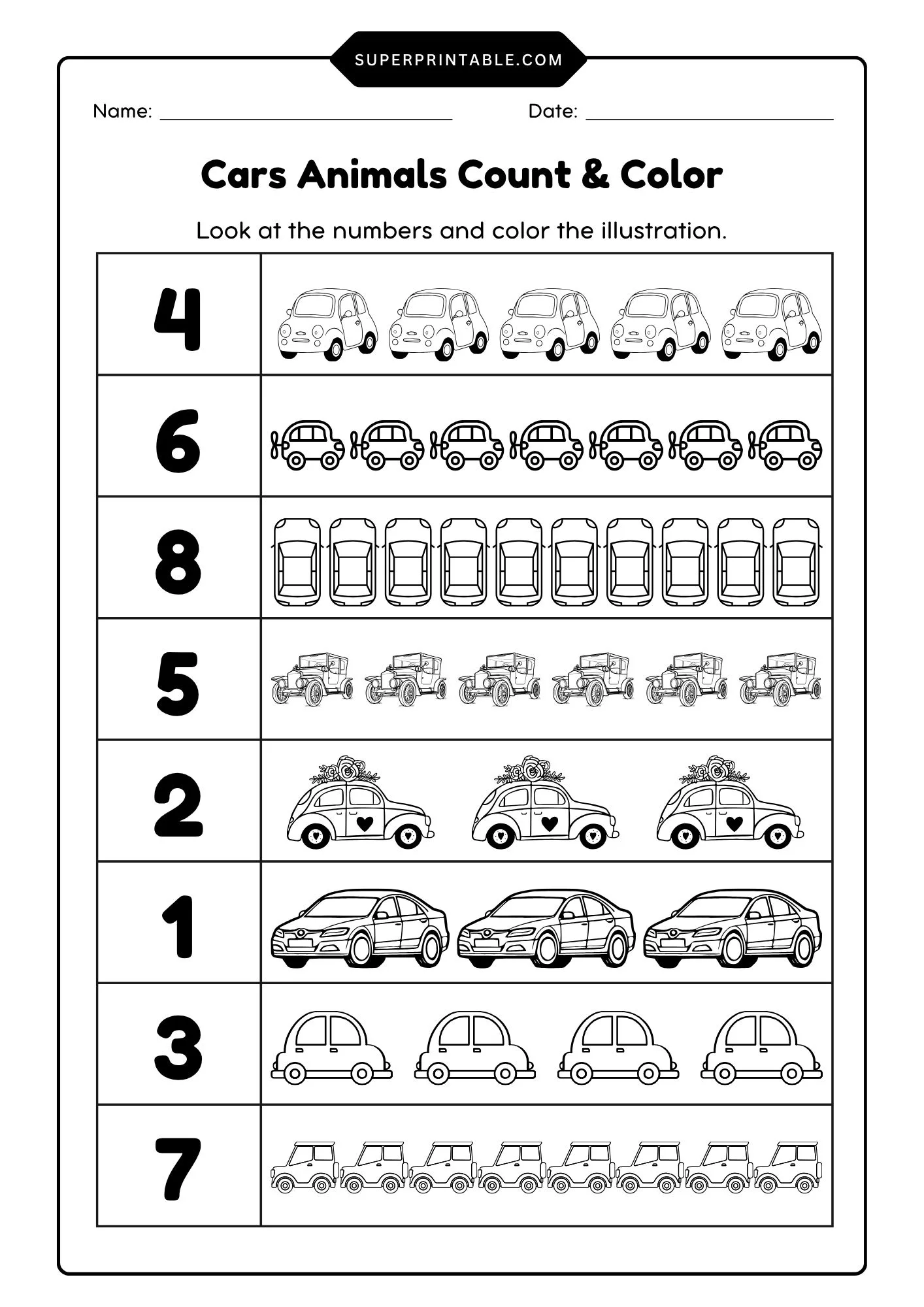Cars Count & Color Activity Coloring Worksheet 1