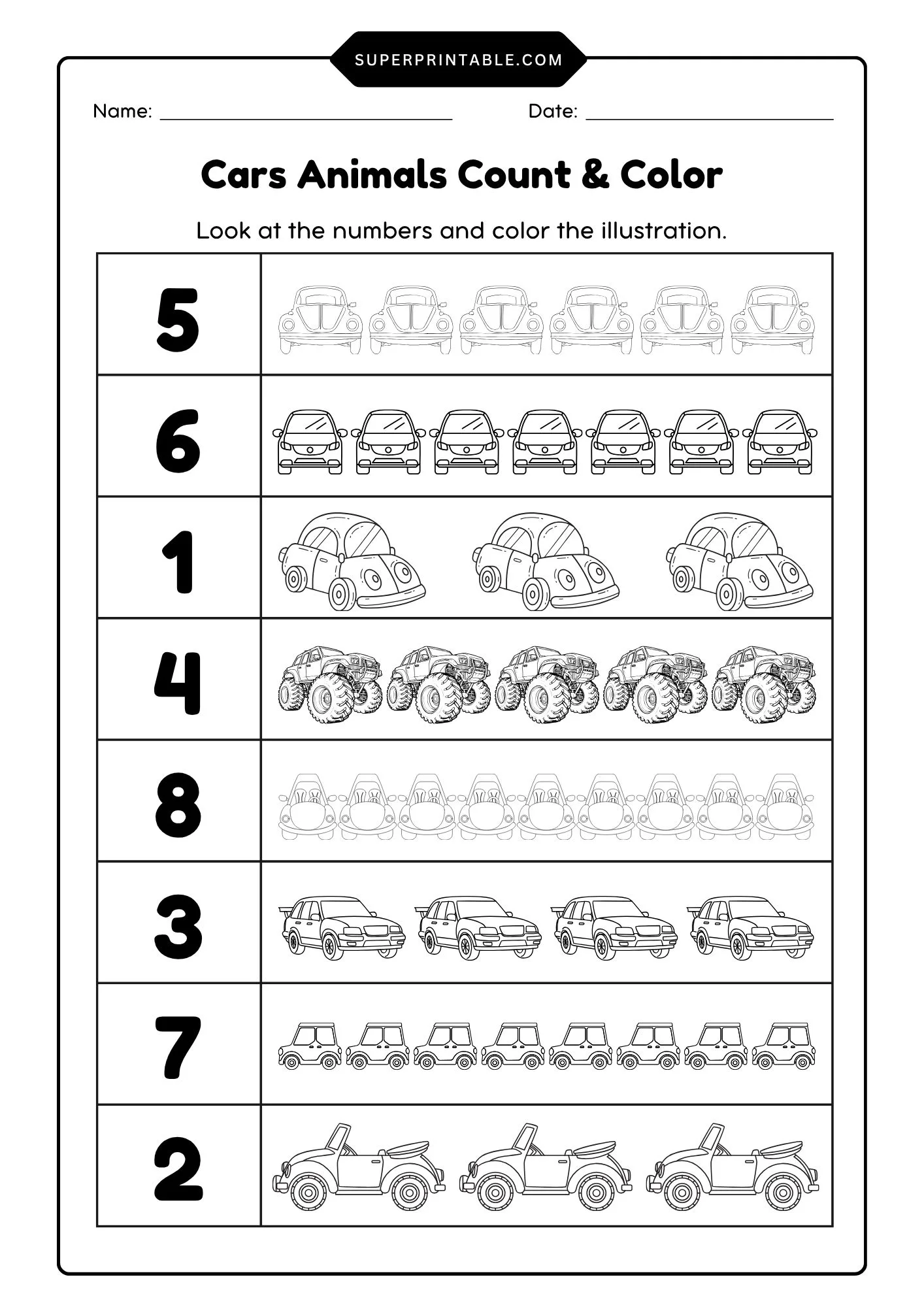 Cars Count & Color Activity Coloring Worksheet 2