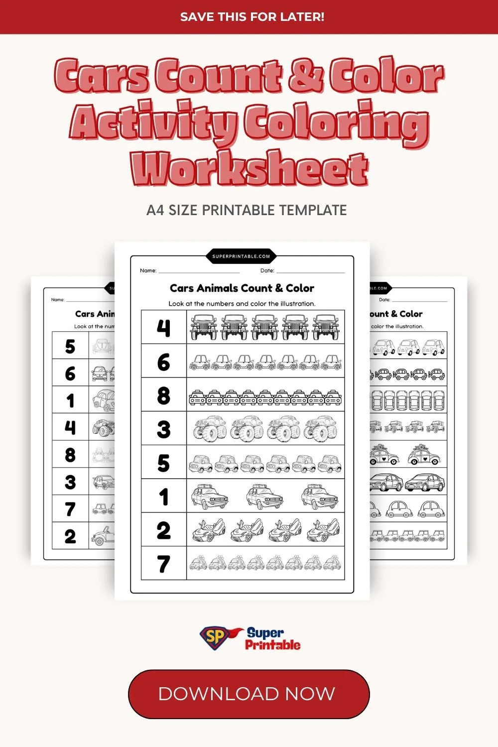 Cars Count & Color Activity Coloring Worksheet Pinterest Image