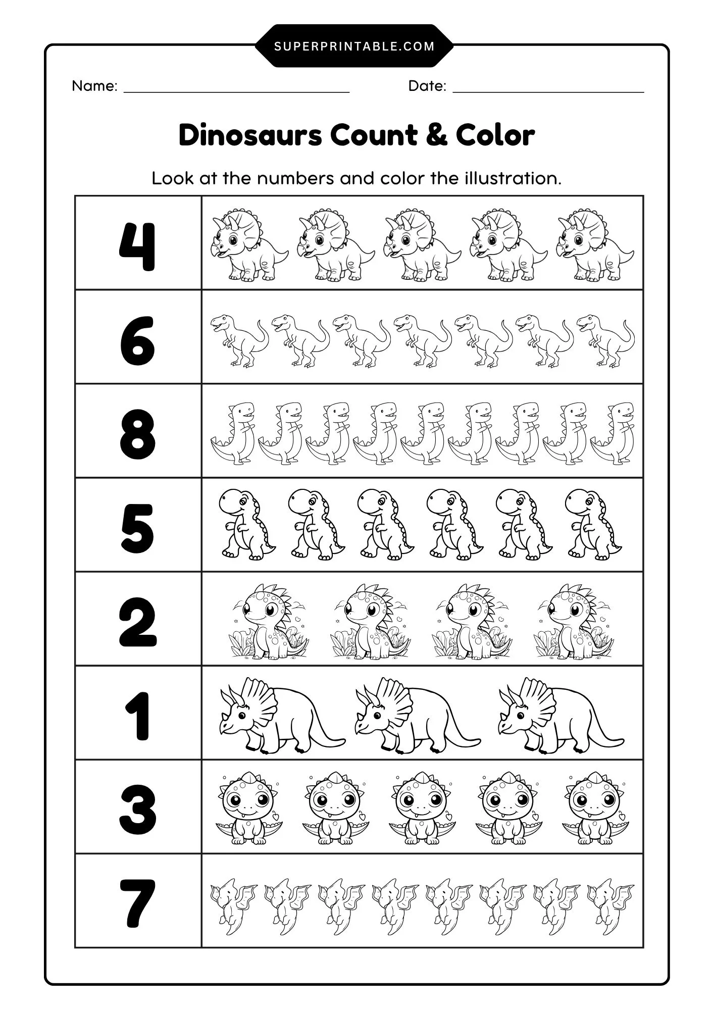 Dinosaurs Count & Color Activity Coloring Worksheet 1