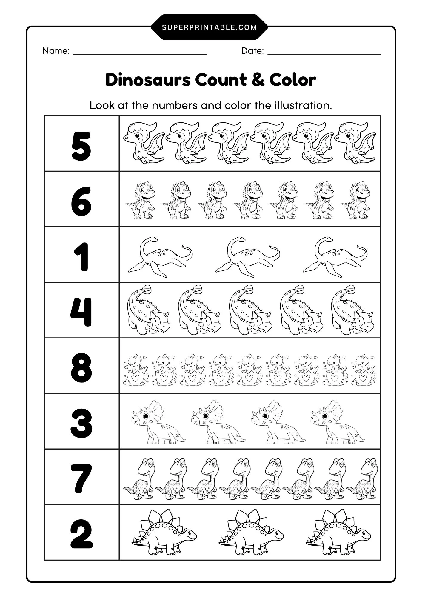 Dinosaurs Count & Color Activity Coloring Worksheet 2