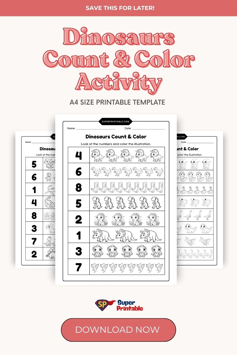 Dinosaurs Count & Color Activity Coloring Worksheet Pinterest Image