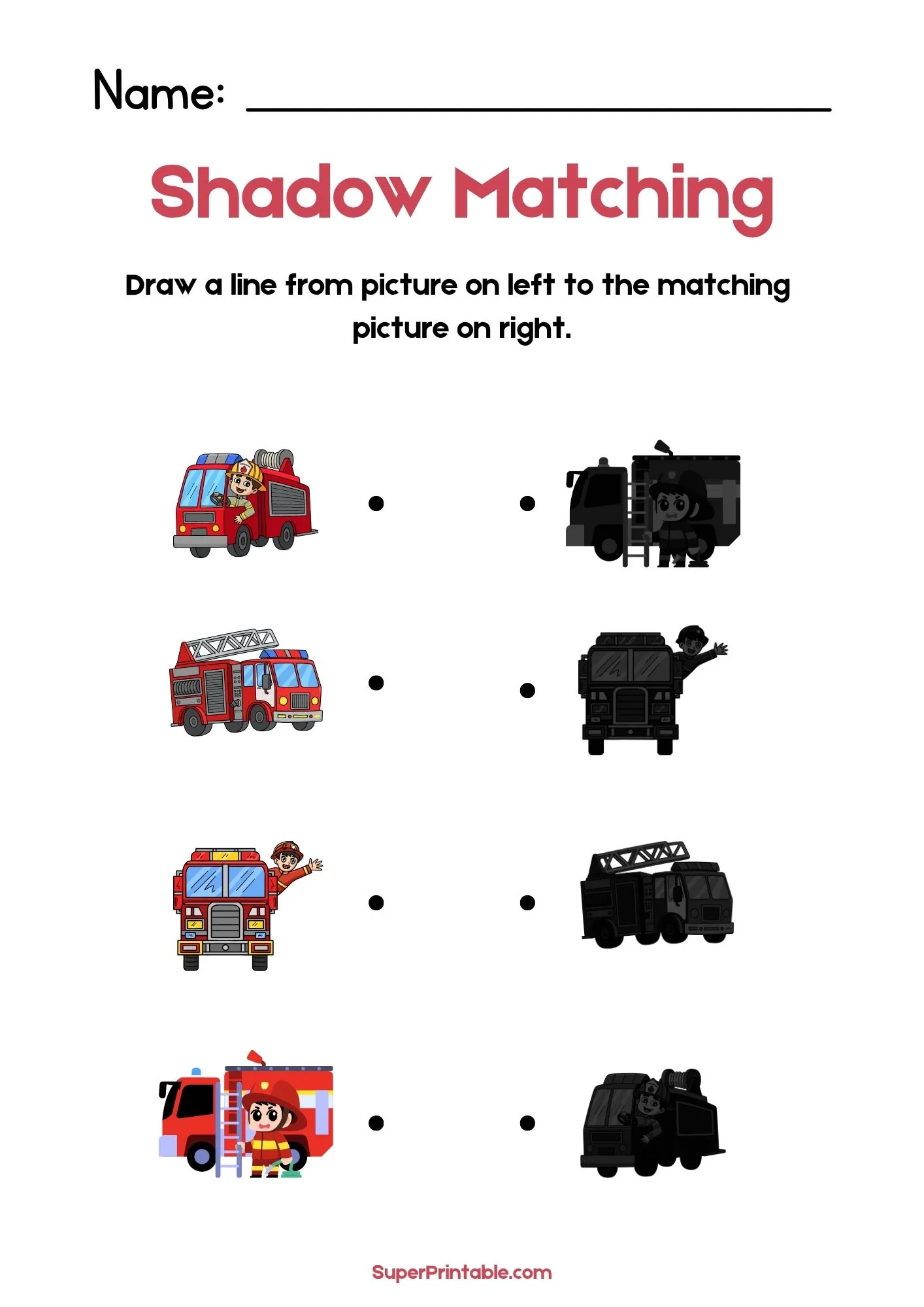 Emergency Vehicles & Transport Find The Shadow Matching Worksheet 1