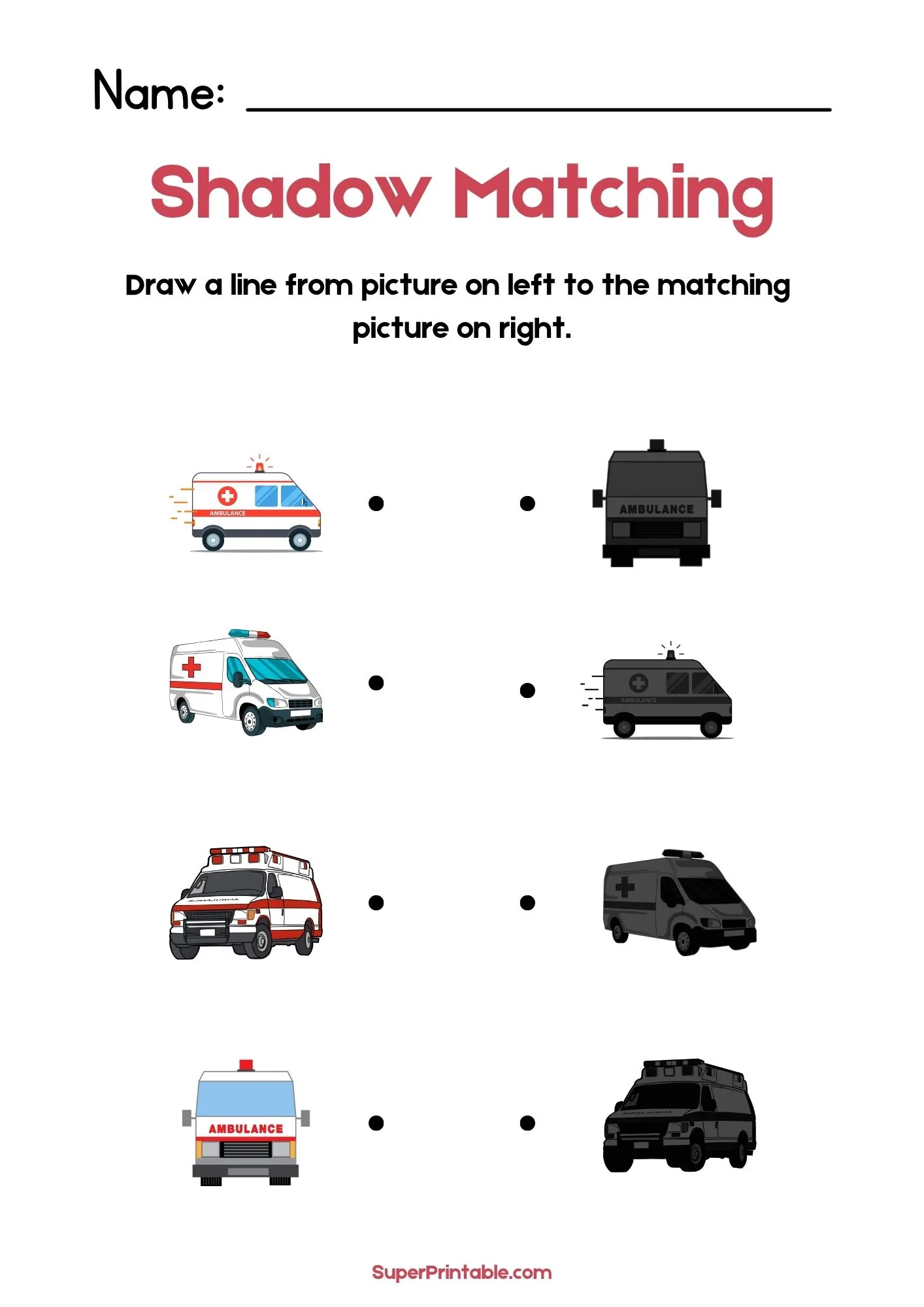 Emergency Vehicles & Transport Find The Shadow Matching Worksheet 2