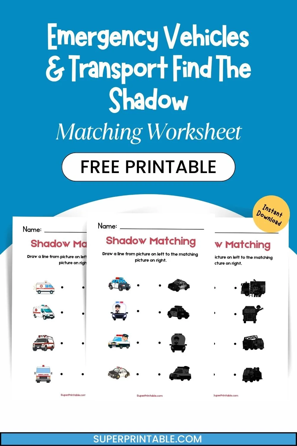 Emergency Vehicles & Transport Find The Shadow Matching Worksheet Pinterest Image