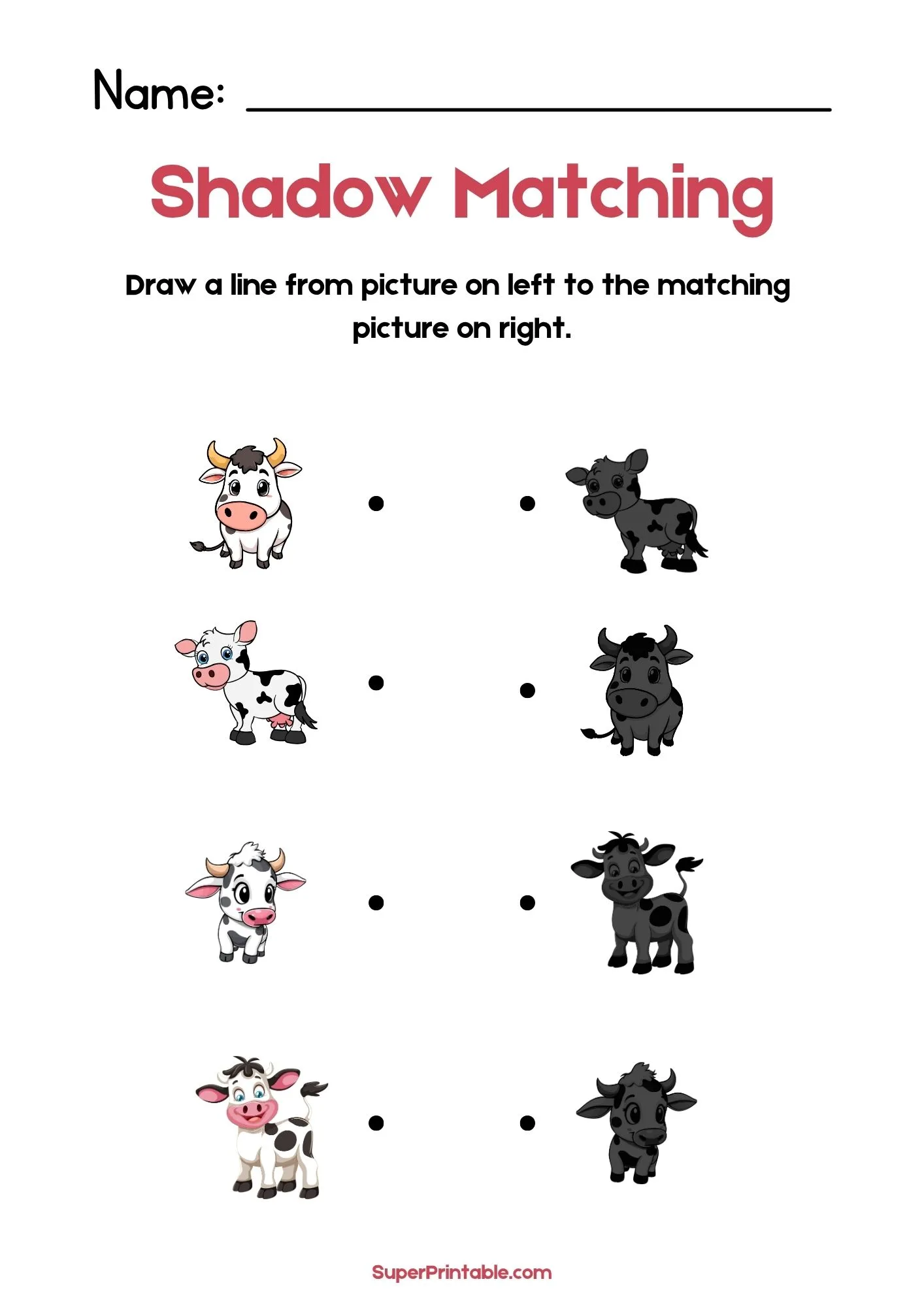 Farm Animals Find The Shadow Matching Worksheets 1