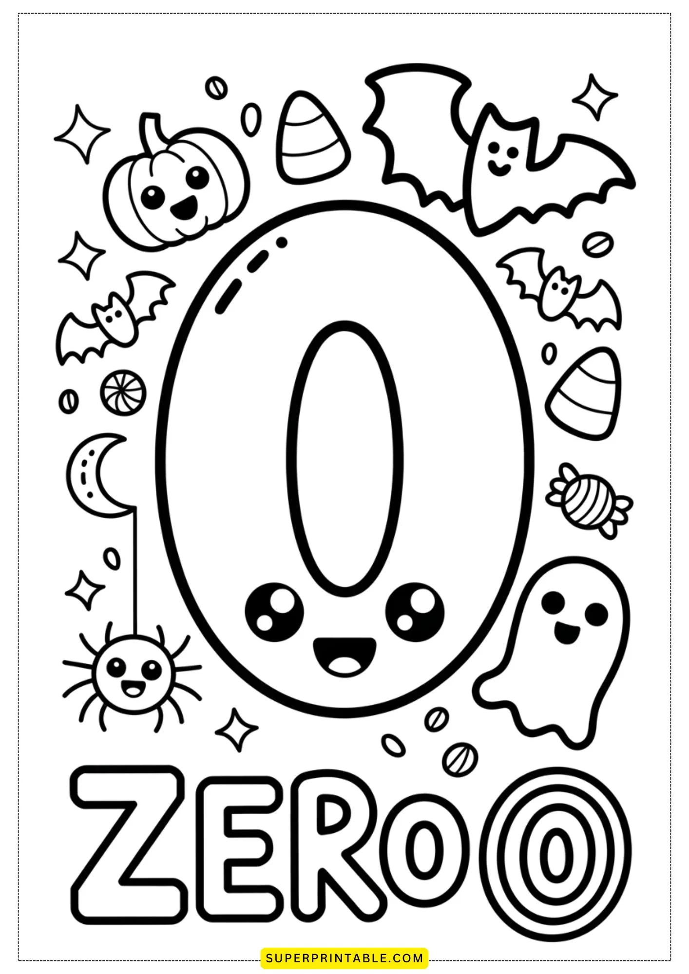 Halloween Kawaii Numbers 0–9 Coloring Page 1