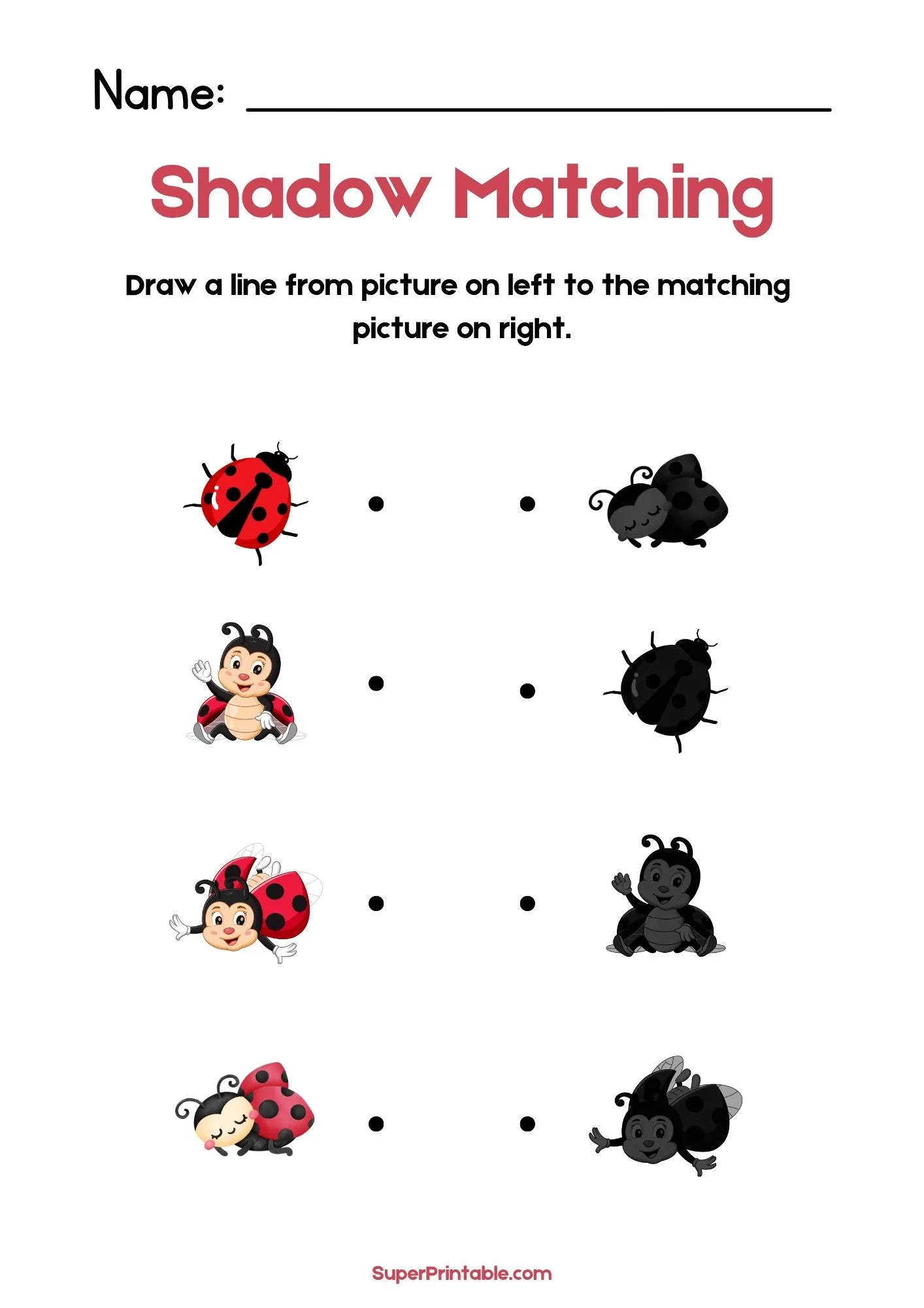 Insects & Bugs Find The Shadow Matching Worksheet 3