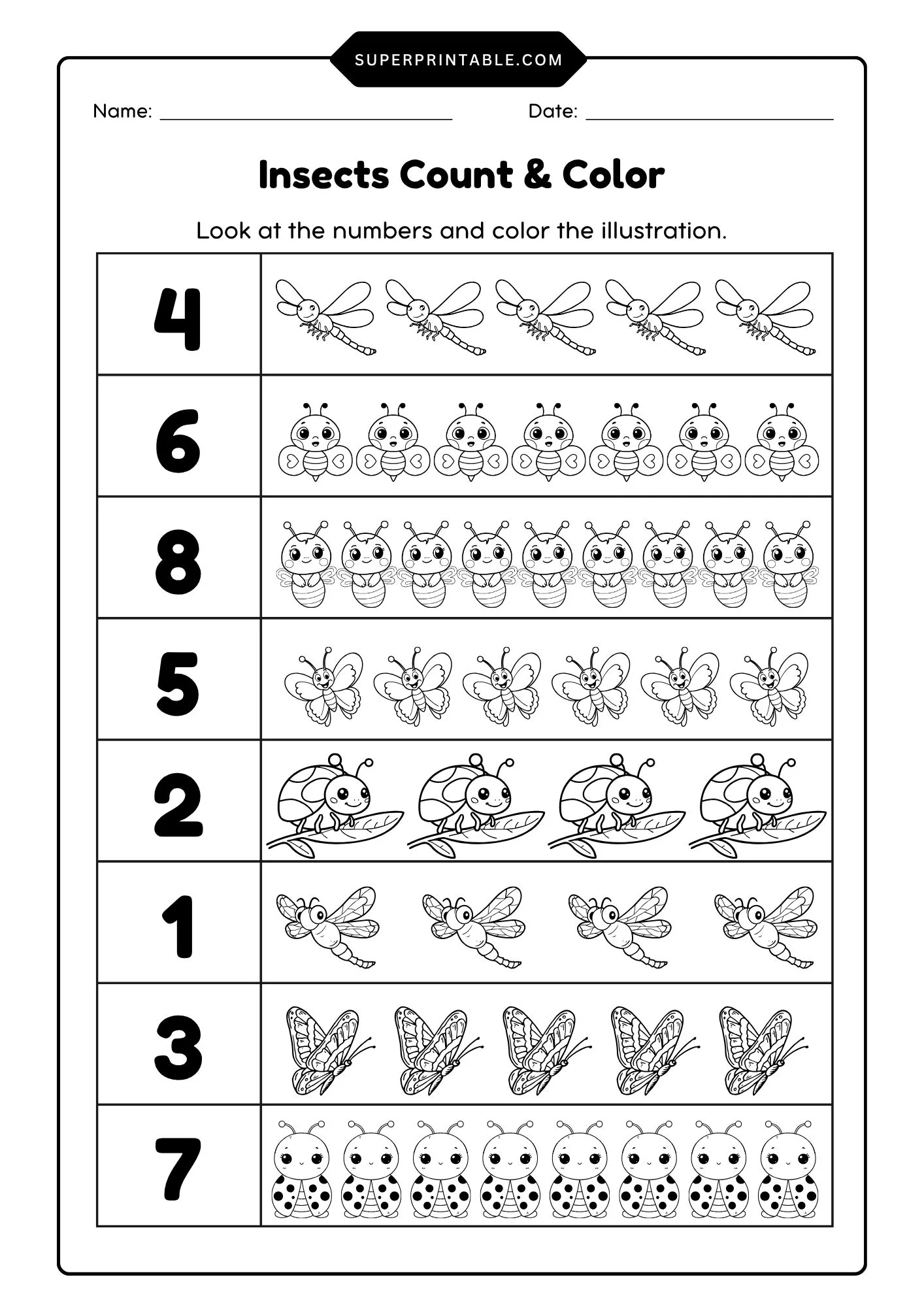 Insects Count & Color Activity Coloring Worksheet 1