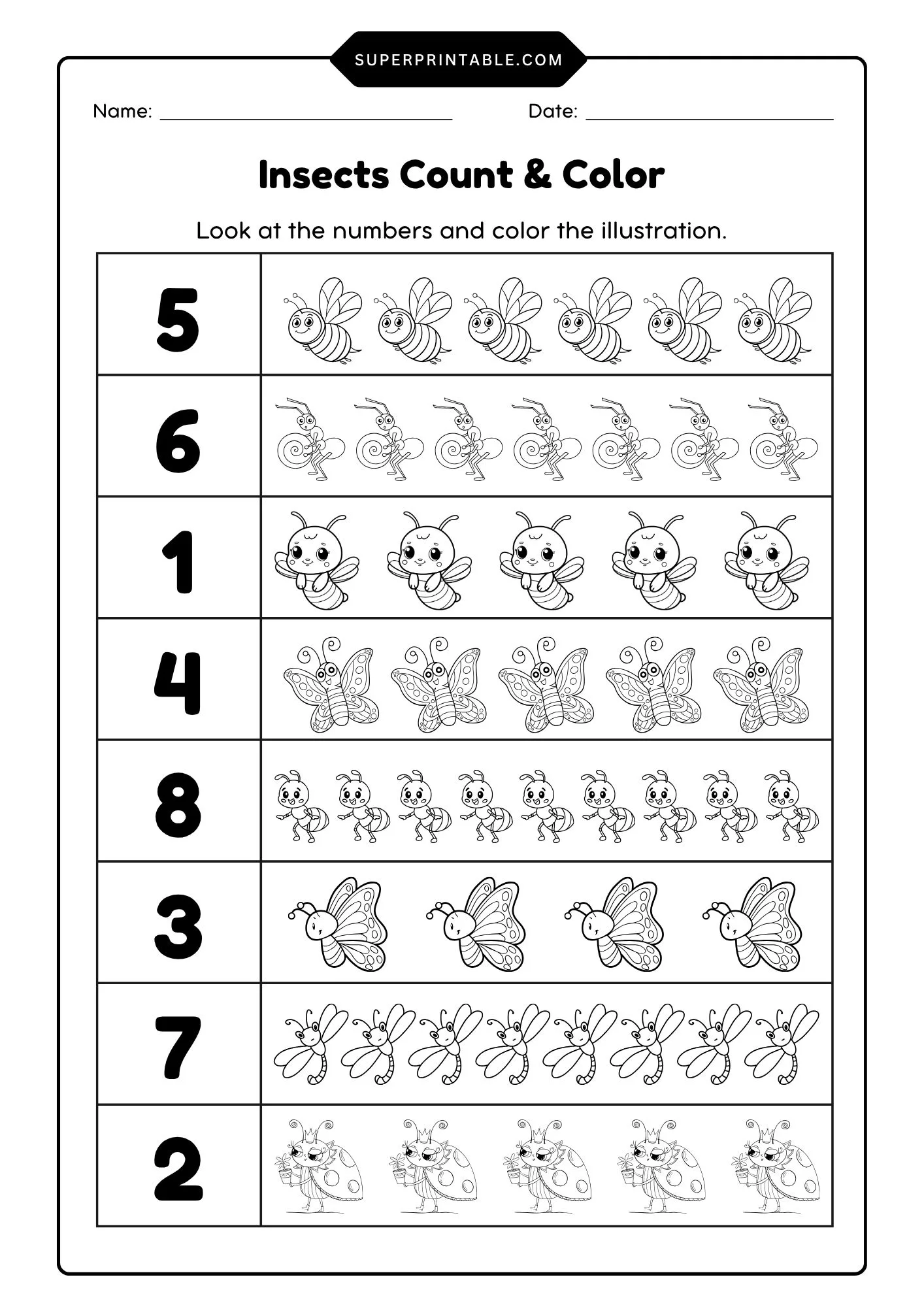 Insects Count & Color Activity Coloring Worksheet 2