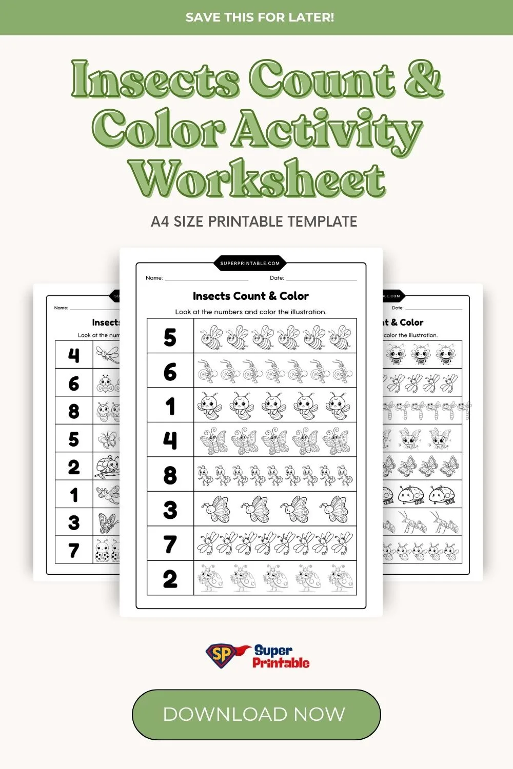 Insects Count & Color Activity Worksheet Pinterest Image