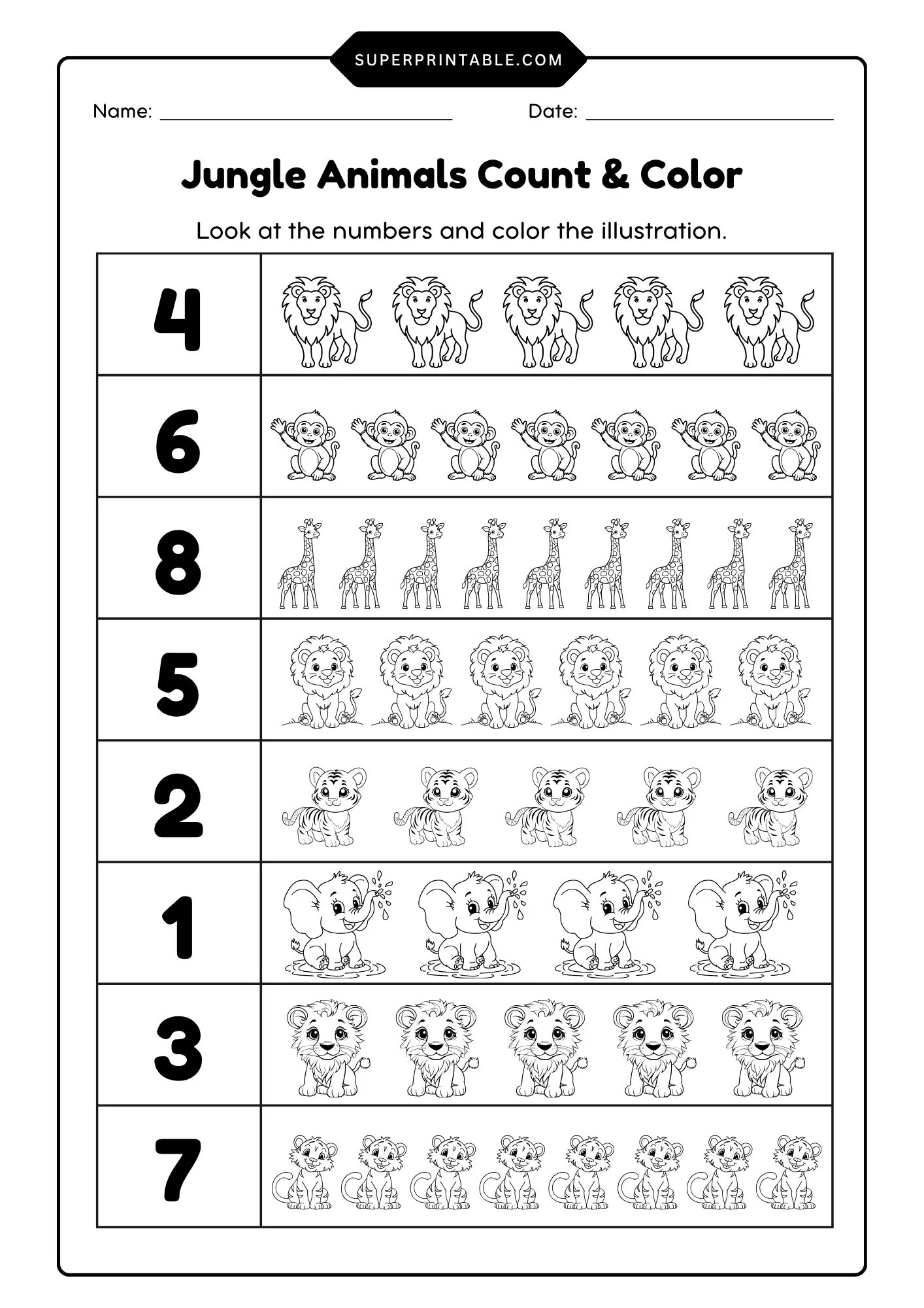 Jungle Animals Count & Color Activity Coloring Pages 1