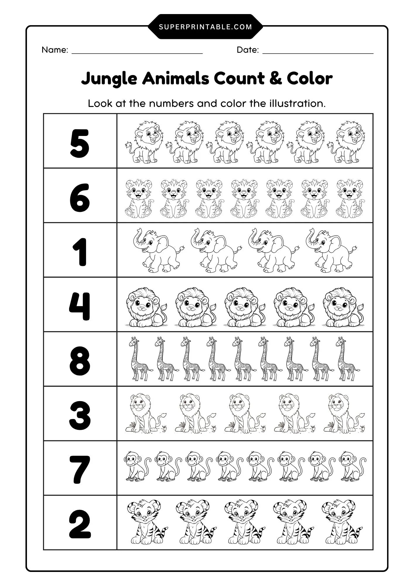 Jungle Animals Count & Color Activity Coloring Pages 2