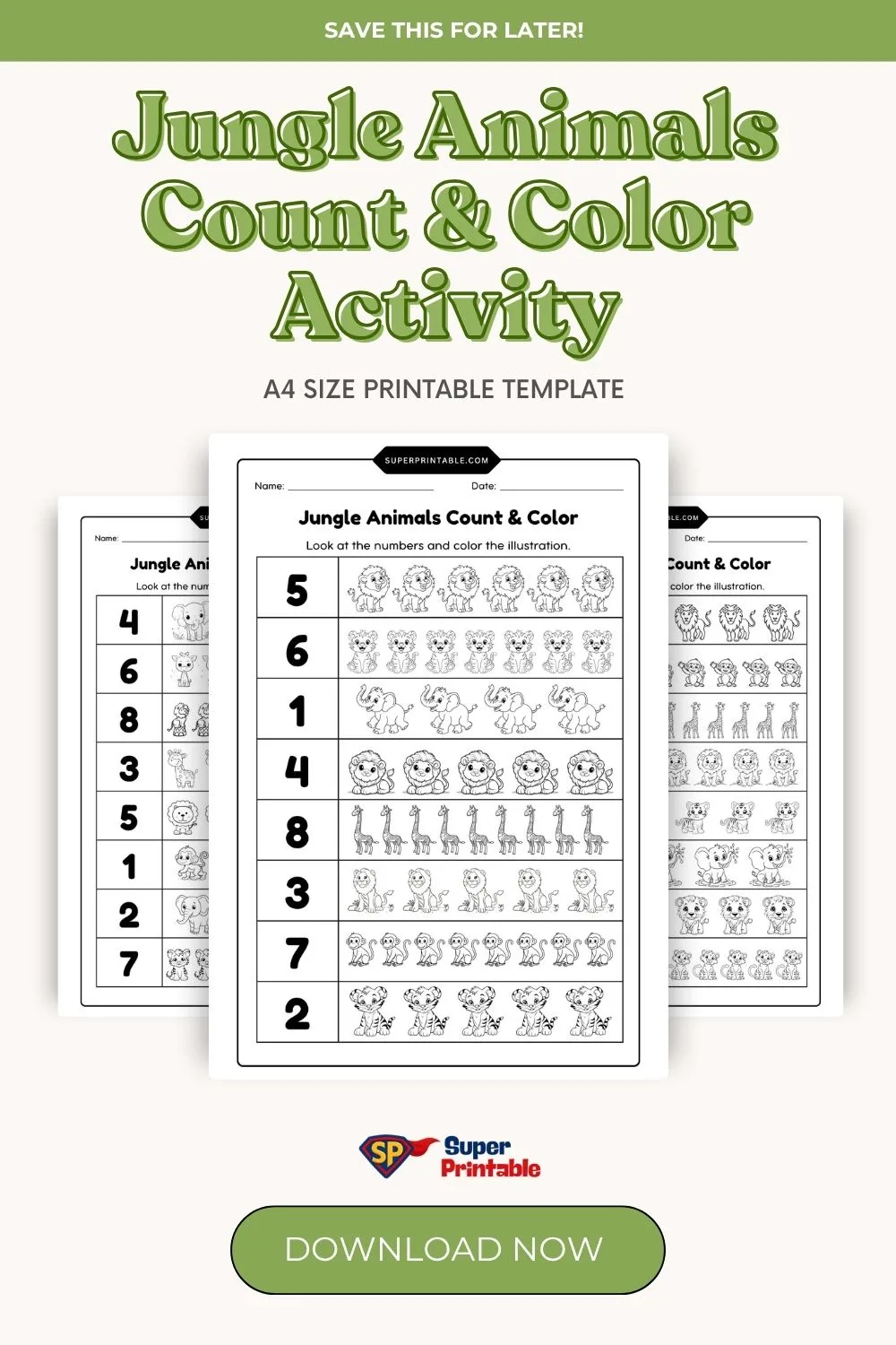 Jungle Animals Count & Color Activity Coloring Pages Pinterest Image