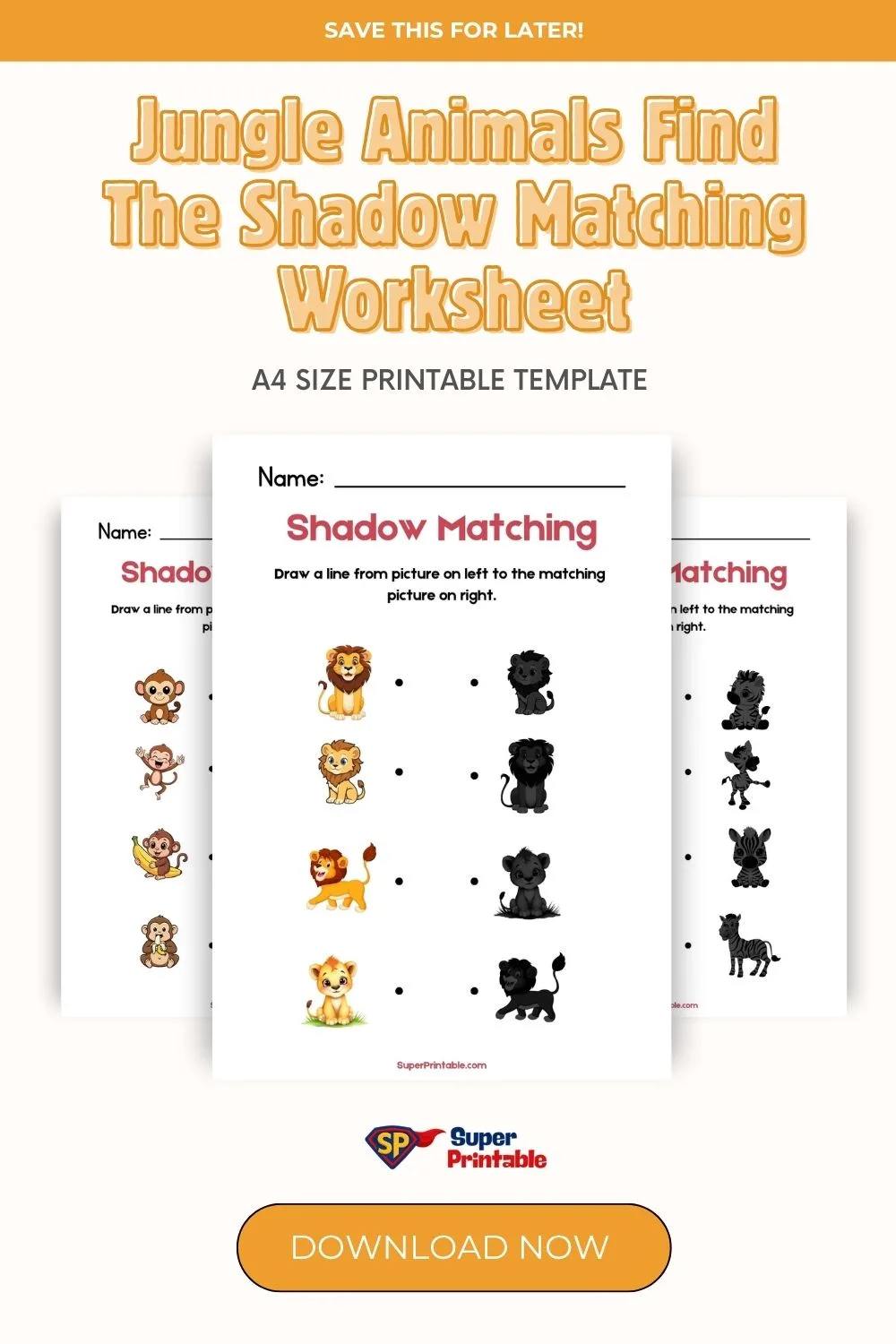 Jungle Animals Find The Shadow Matching Worksheet Pinterest Image