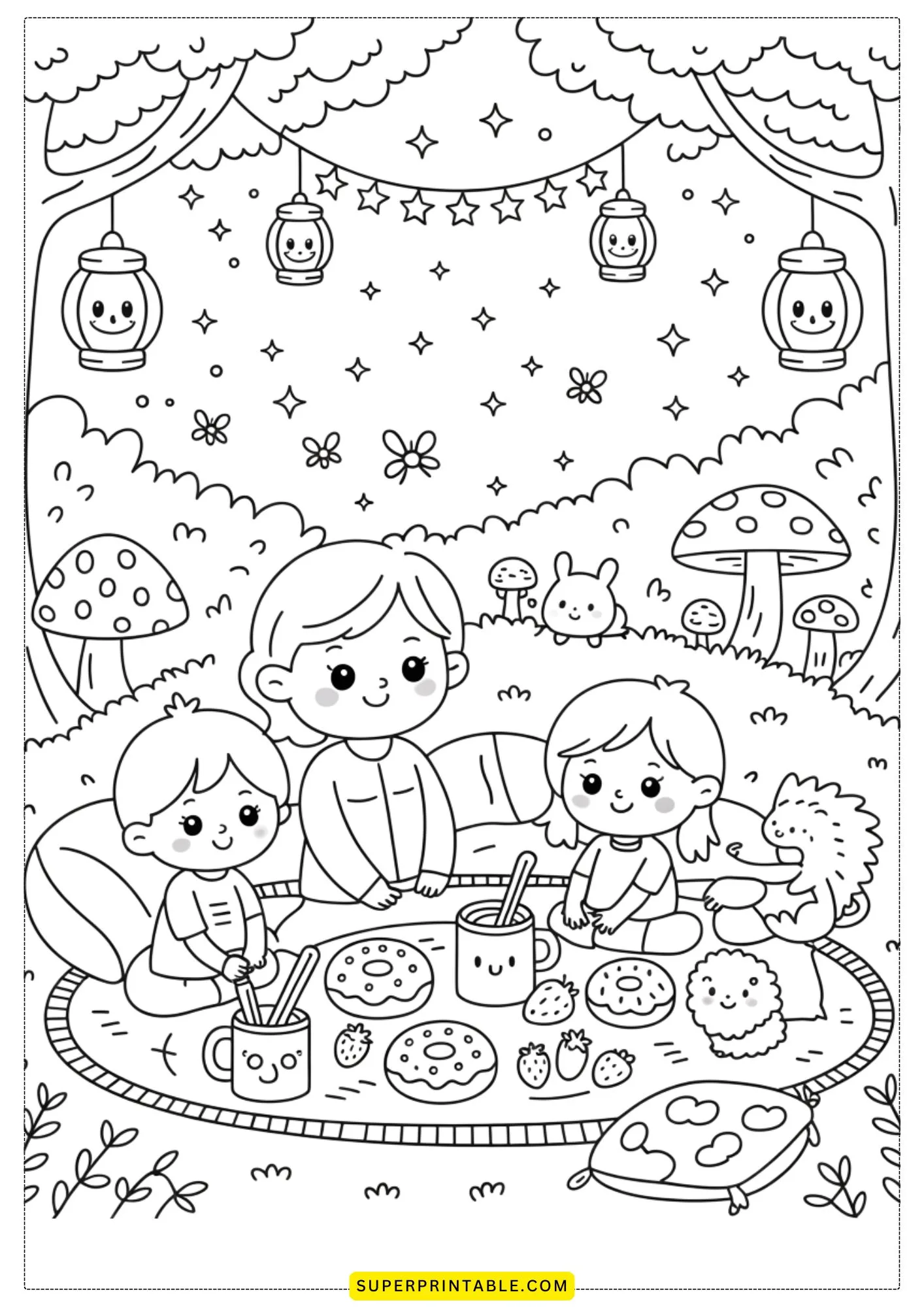 Kawaii Cozy Family Picnic Coloring Pages 1
