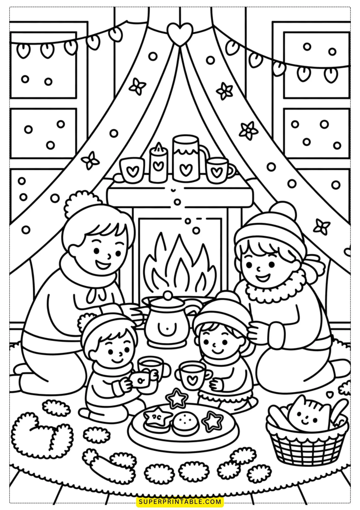 Kawaii Cozy Family Picnic Coloring Pages 2