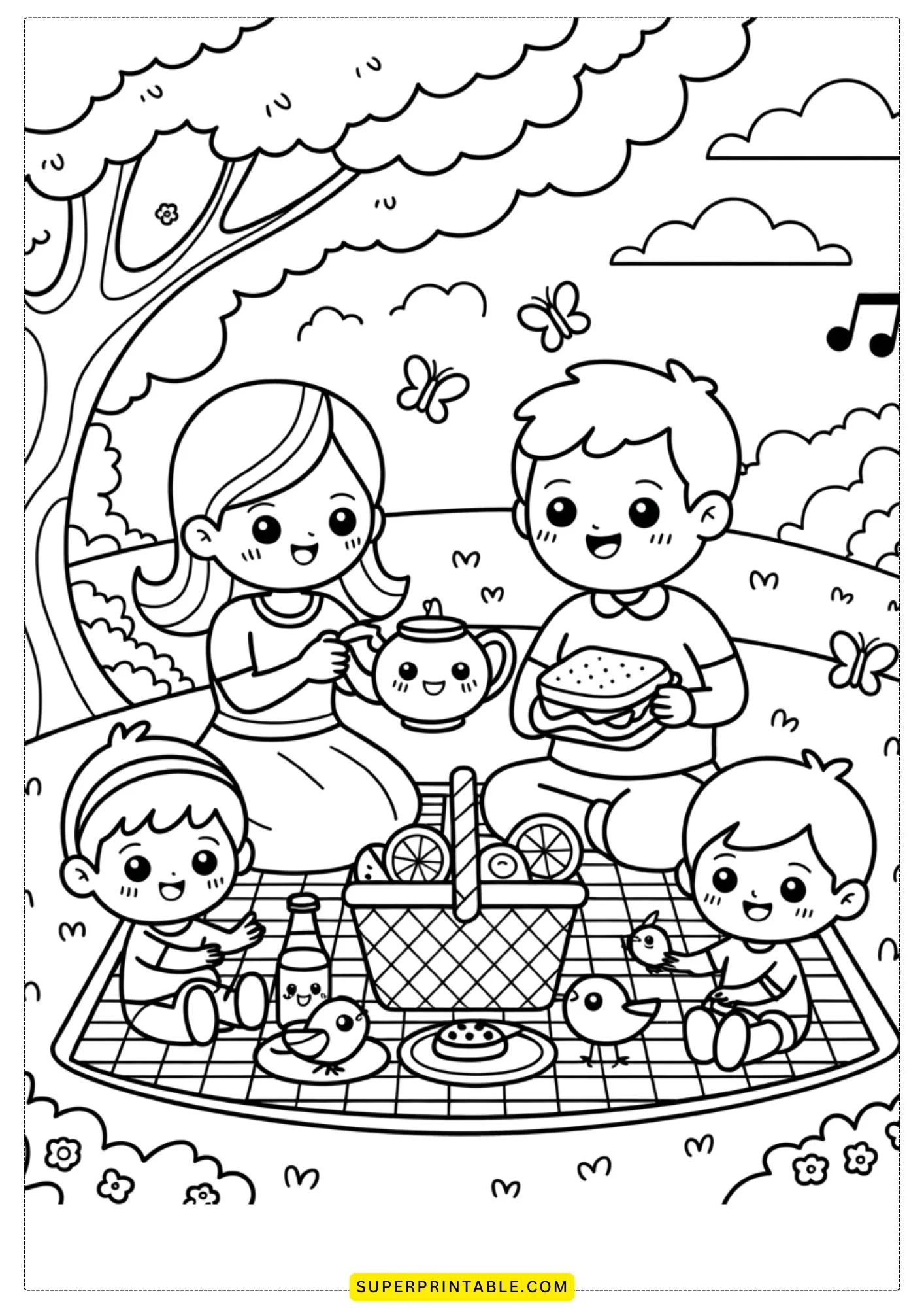 Kawaii Cozy Family Picnic Coloring Pages 3