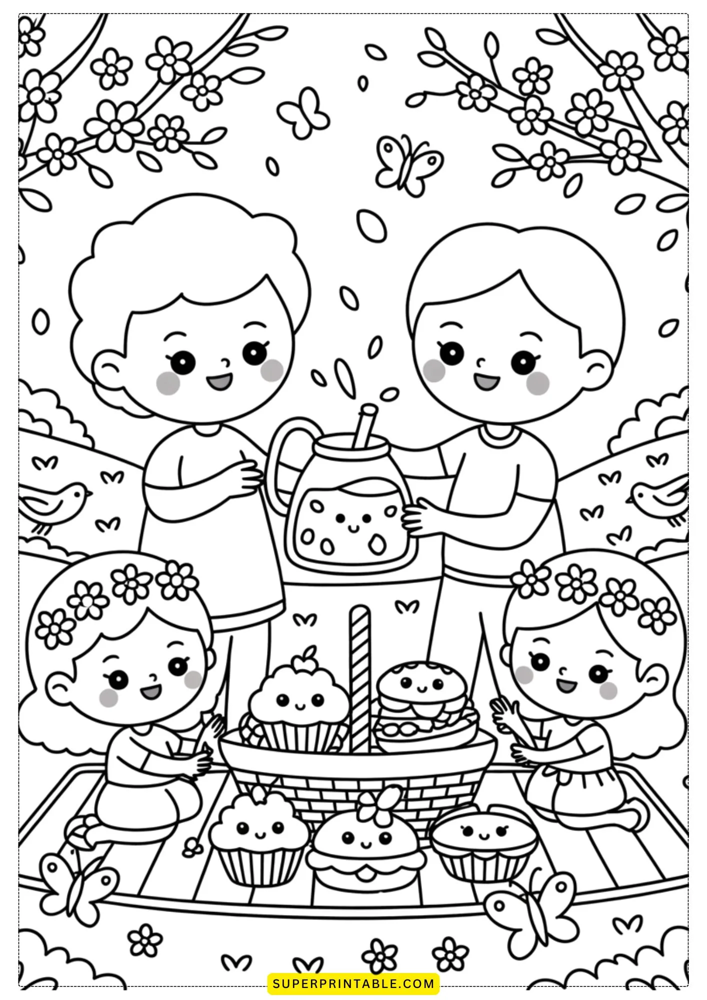 Kawaii Cozy Family Picnic Coloring Pages 4