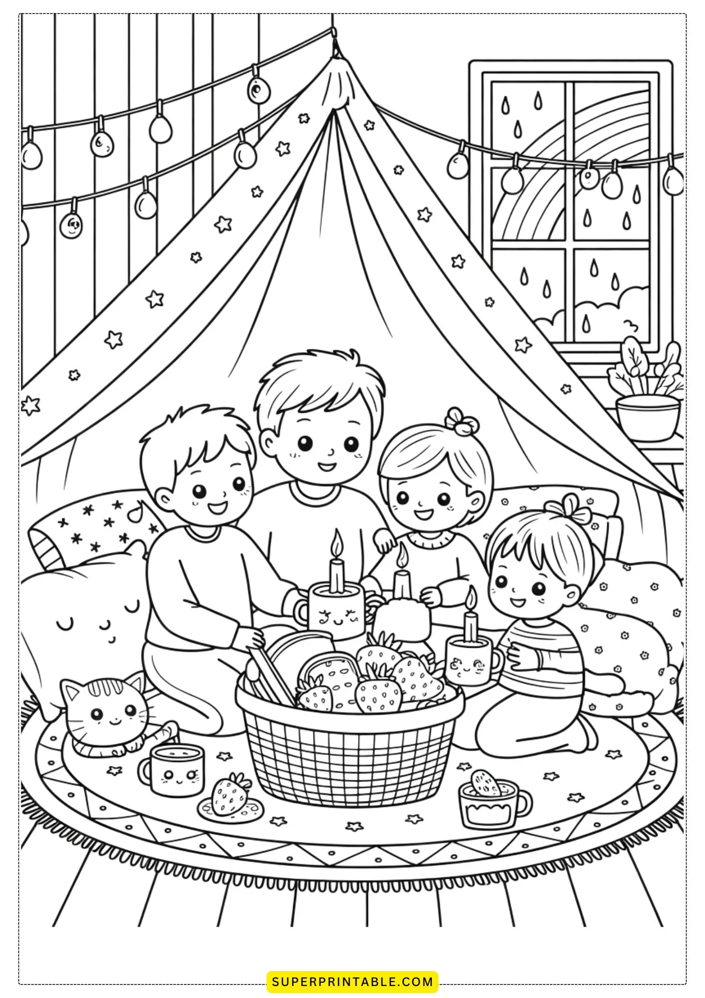 Kawaii Cozy Family Picnic Coloring Pages 6