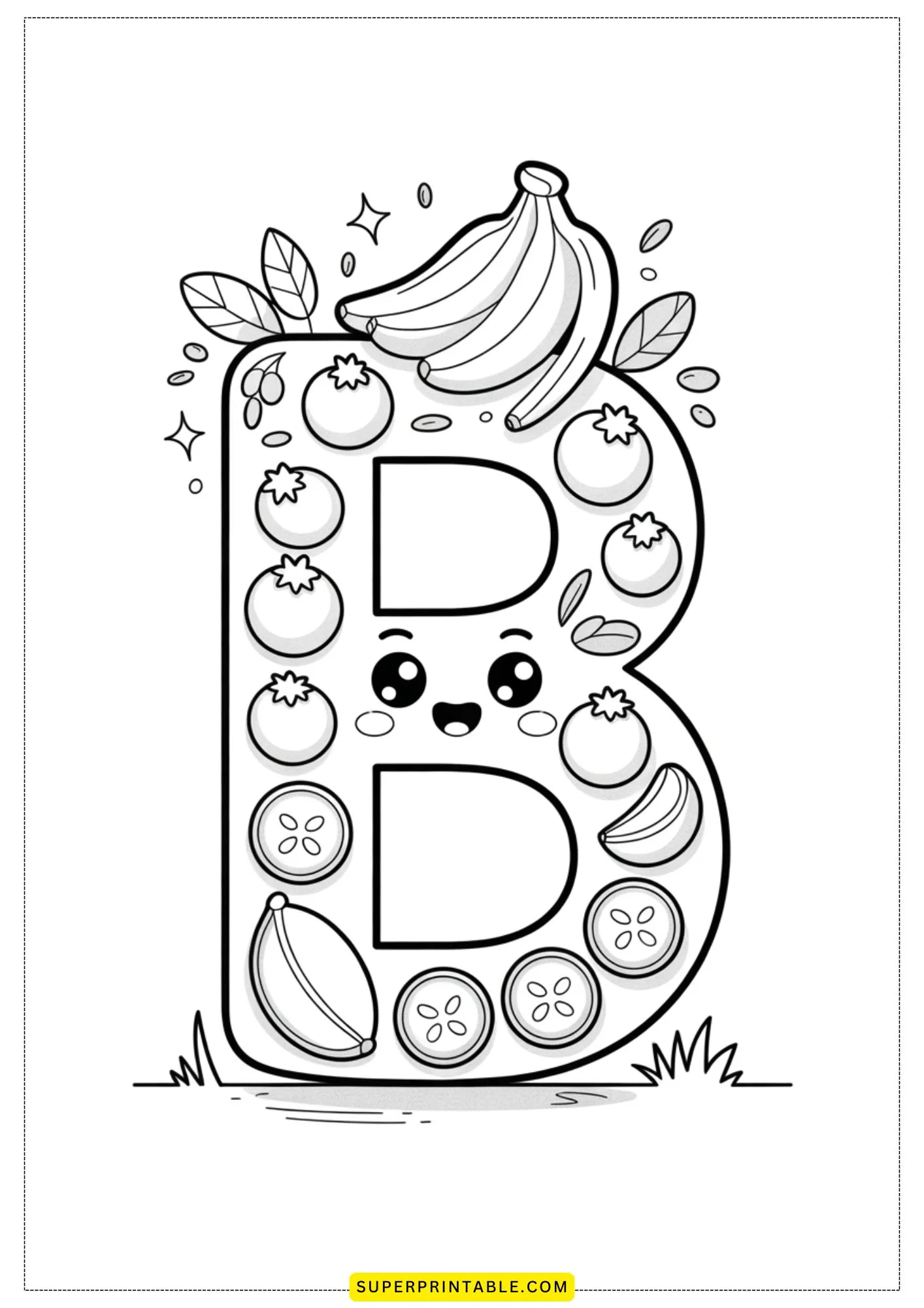 Kawaii Fruits Alphabet Coloring Page 2