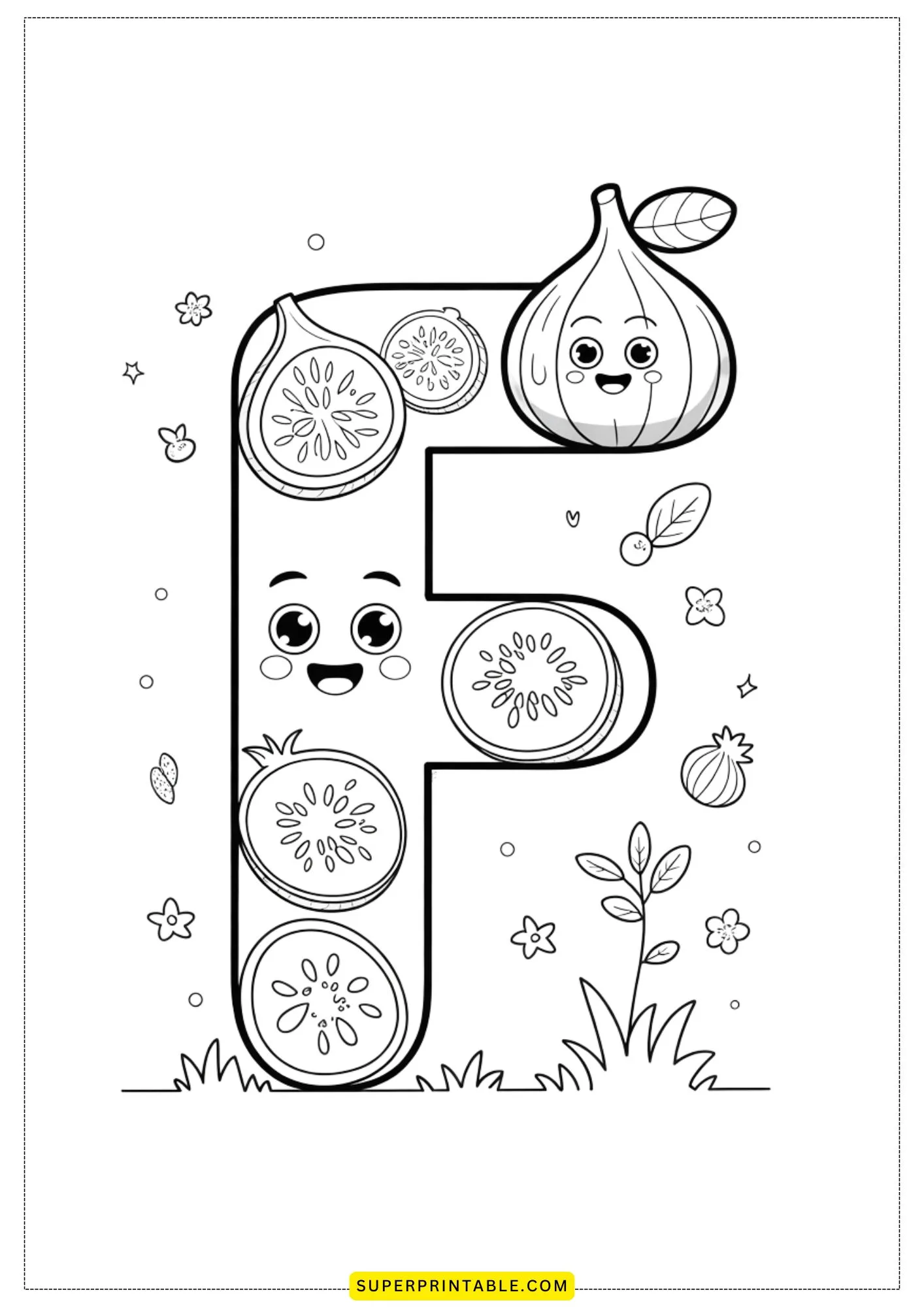 Kawaii Fruits Alphabet Coloring Page 6