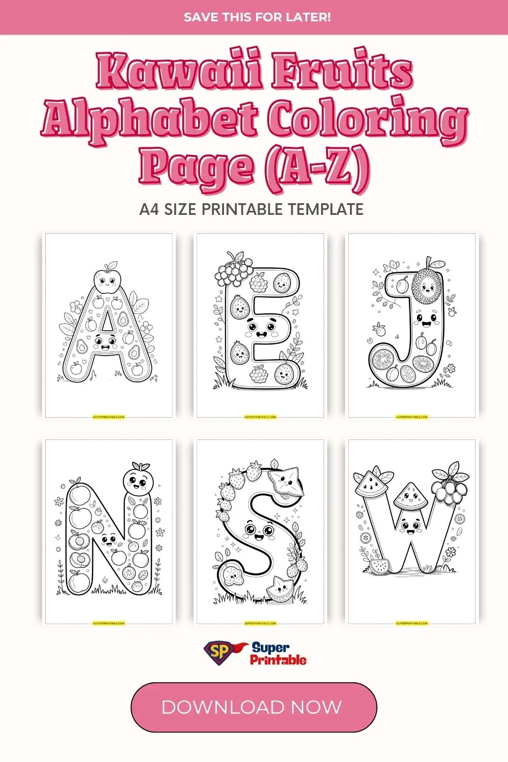 Kawaii Fruits Alphabet Coloring Page (A-Z) Pinterest Image