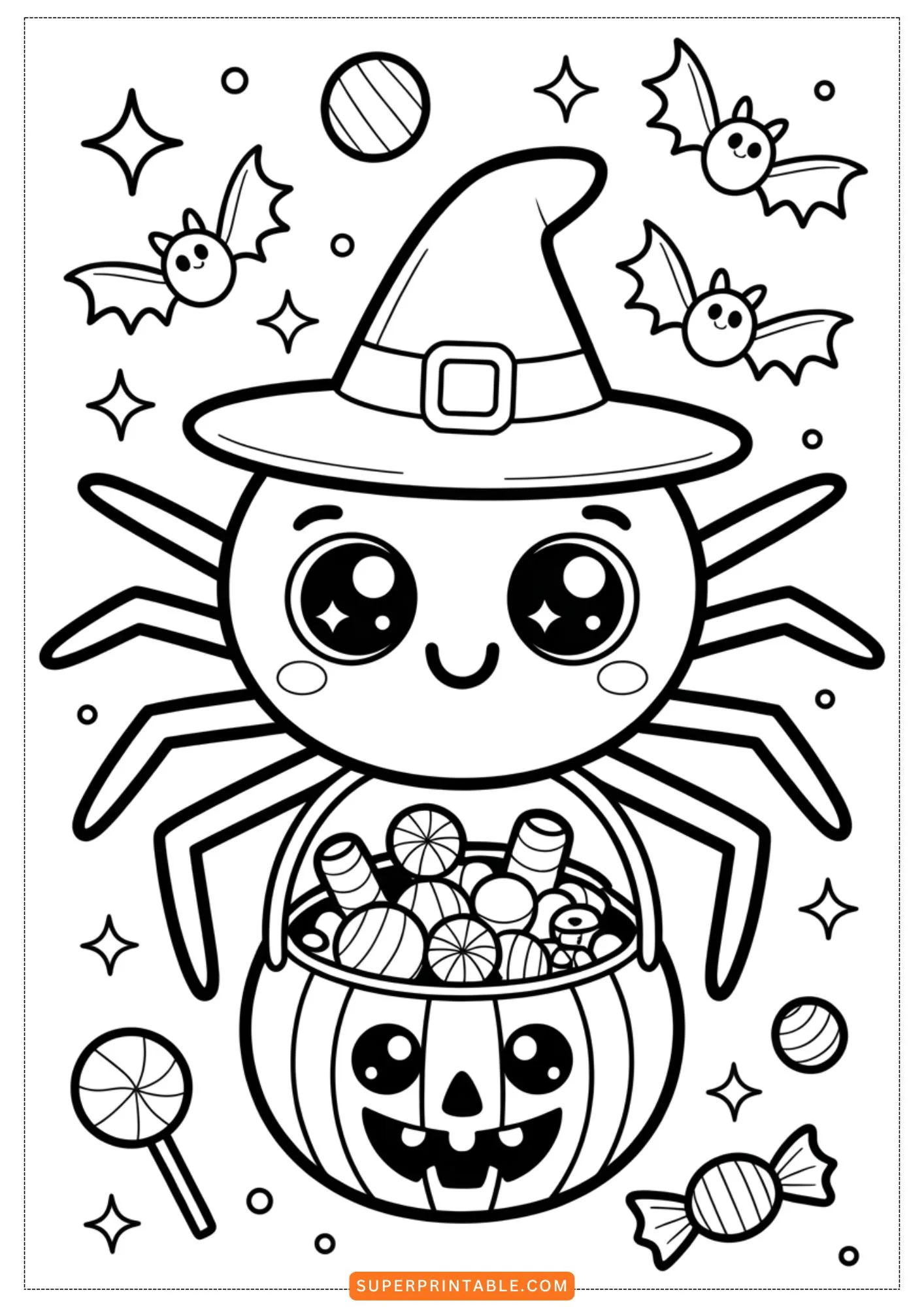 Kawaii Spider Halloween Party Coloring Pages 8