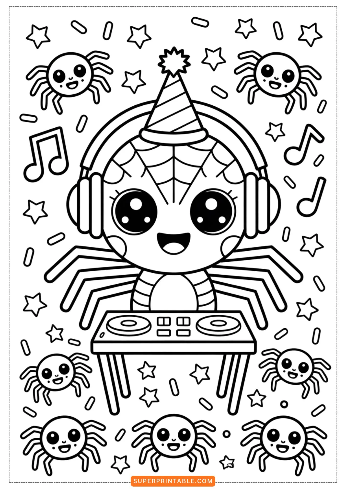 Kawaii Spider Halloween Party Coloring Pages 9