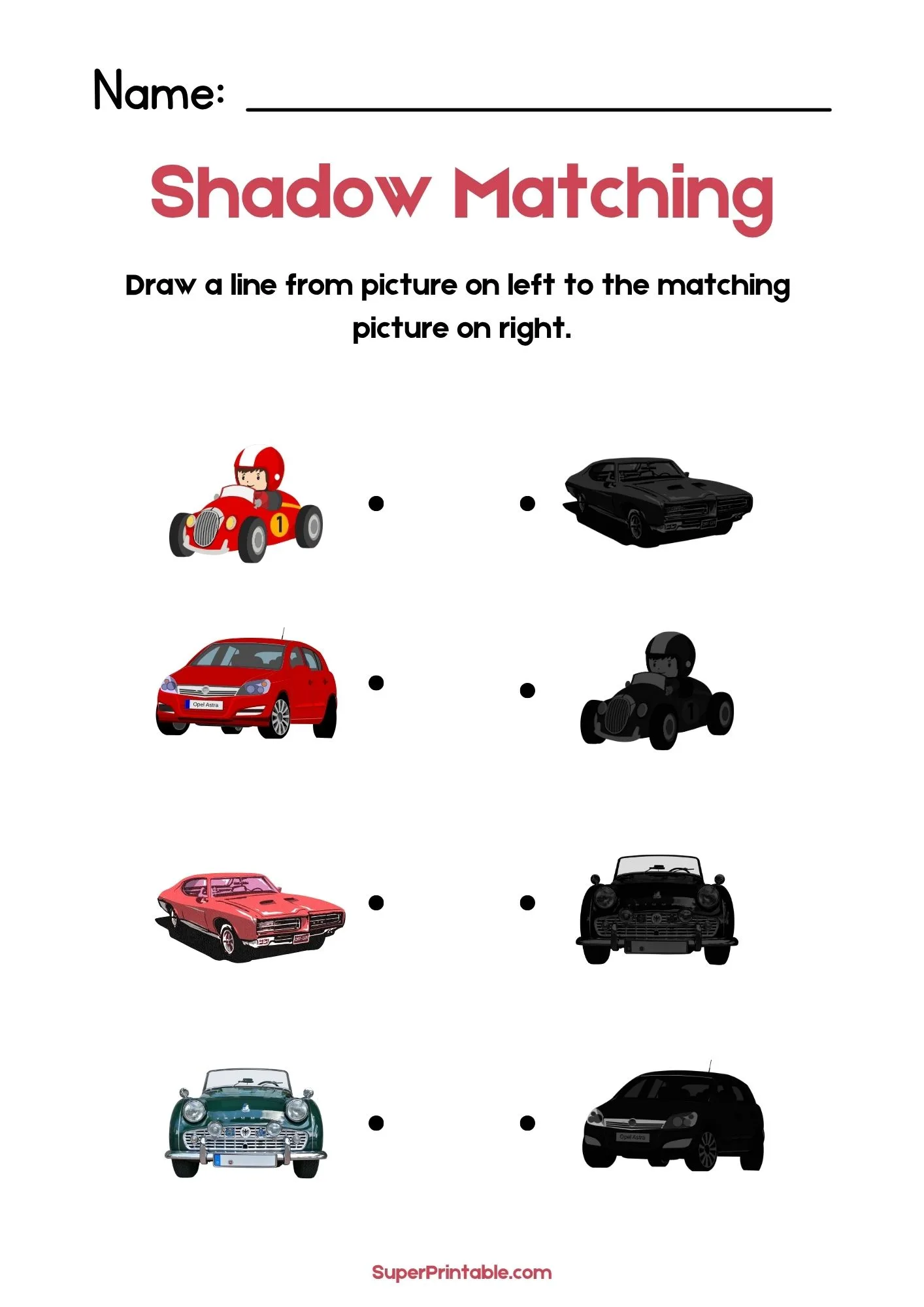 Land Vehicles & Transport Find The Shadow Matching Worksheet 1