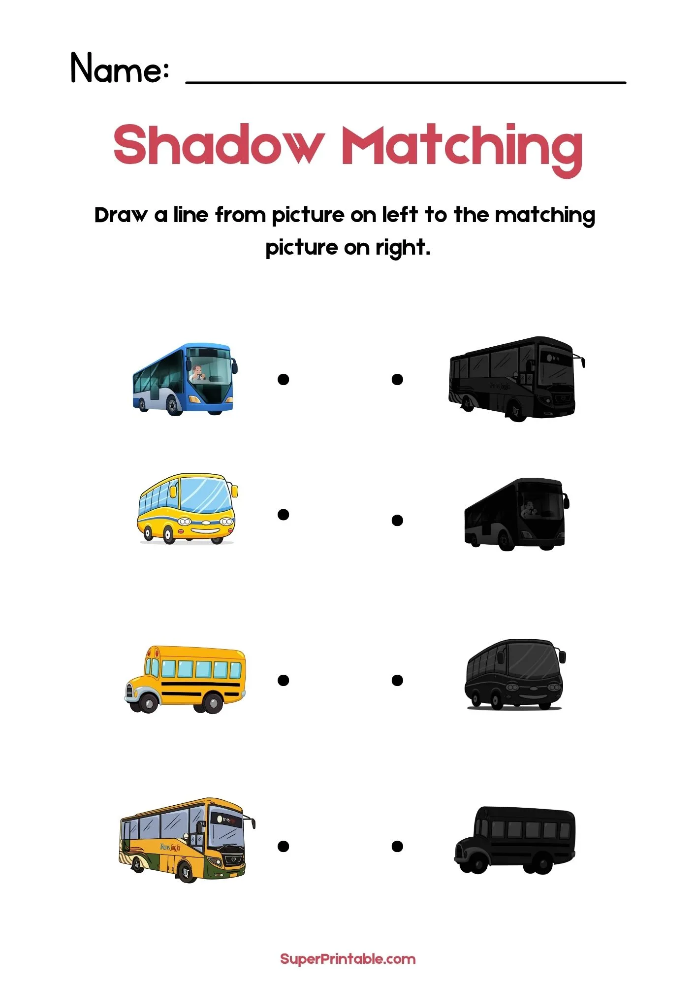 Land Vehicles & Transport Find The Shadow Matching Worksheet 2