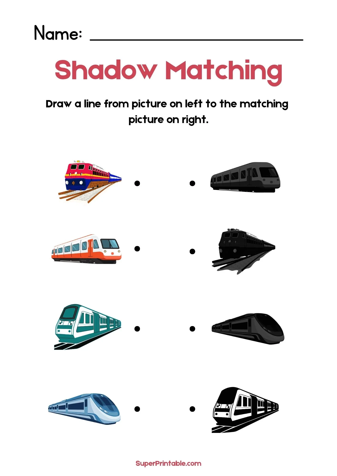 Land Vehicles & Transport Find The Shadow Matching Worksheet 3
