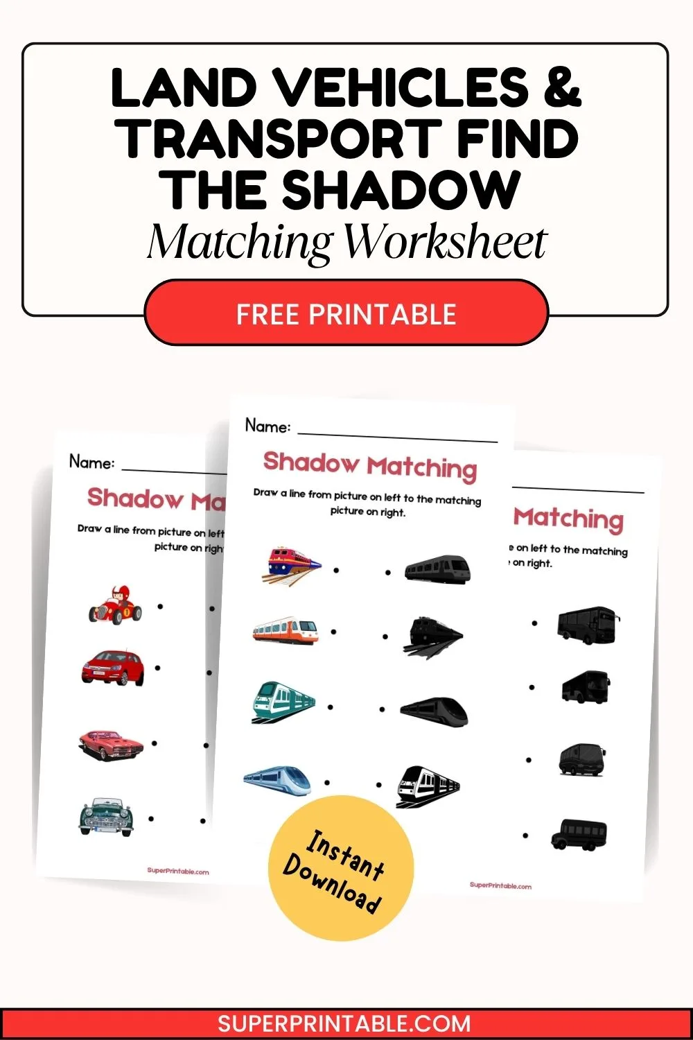 Land Vehicles & Transport Find The Shadow Matching Worksheet Pinterest Image